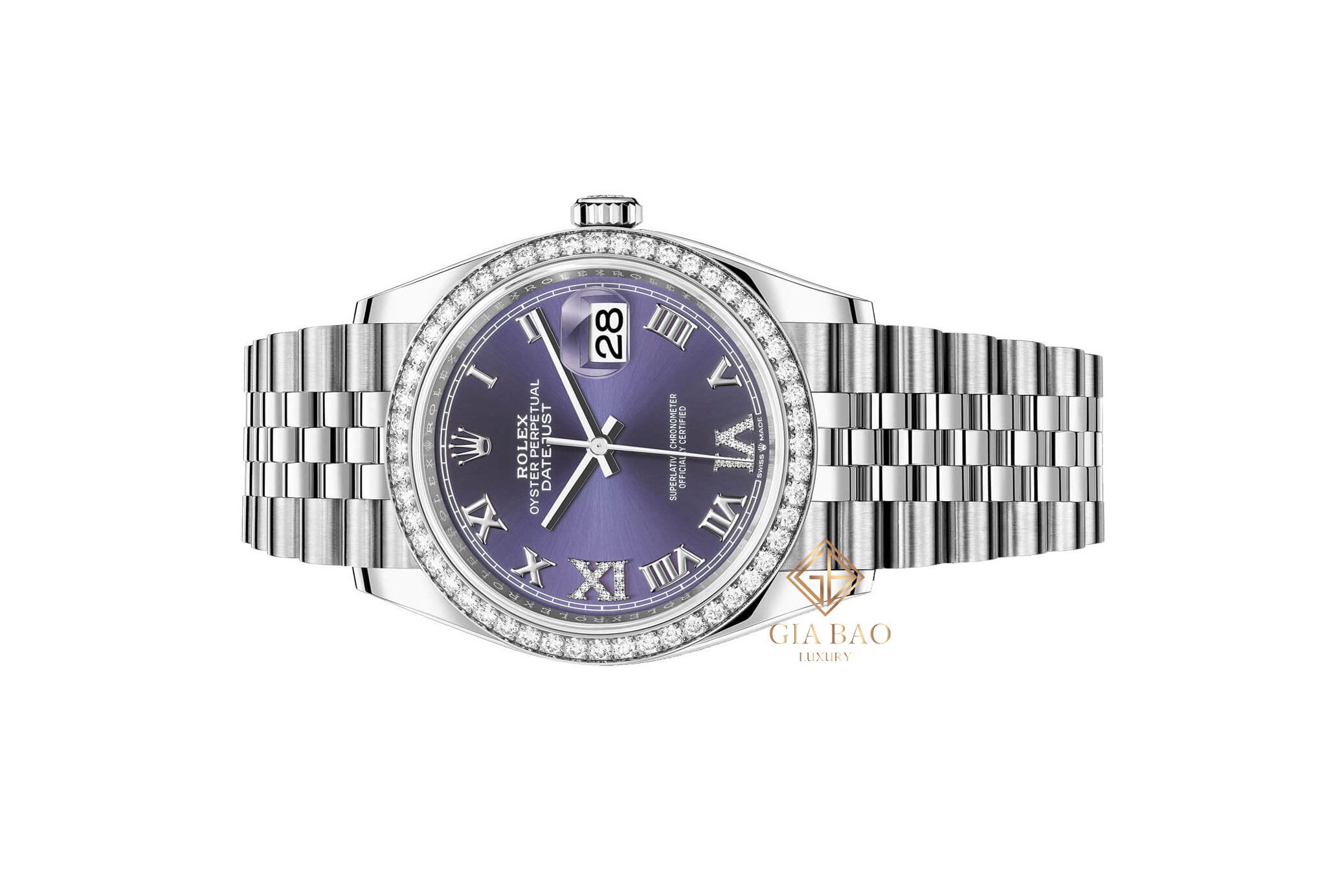 Đồng Hồ Rolex Datejust 36 126284RBR Mặt Số Tím Cọc Số La Mã Nạm Kim Cương