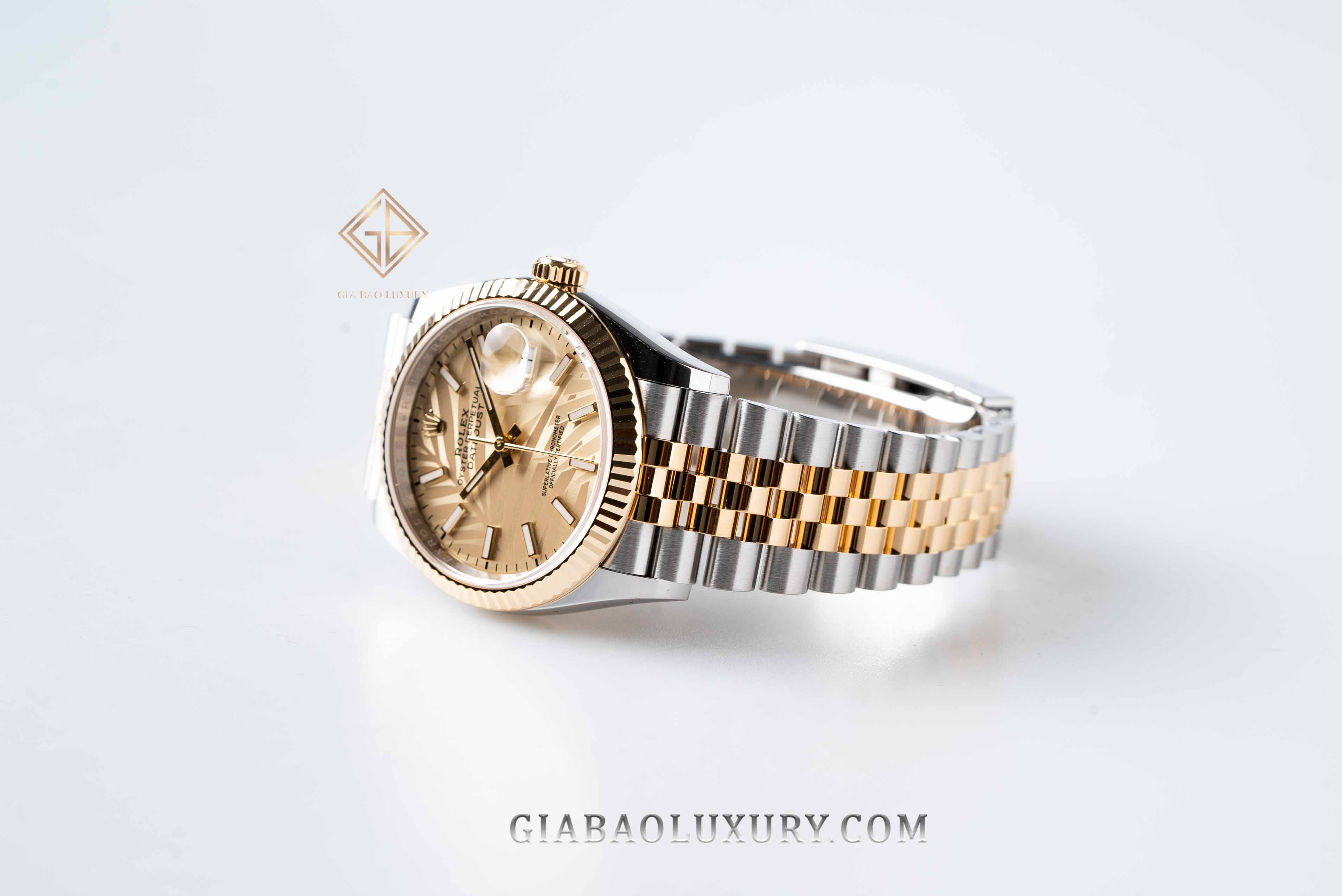 Đồng Hồ Rolex Datejust 36 126233 Mặt Số Cây Lá Nhiệt Đới Vàng Champagne Cọc Số Dạ Quang