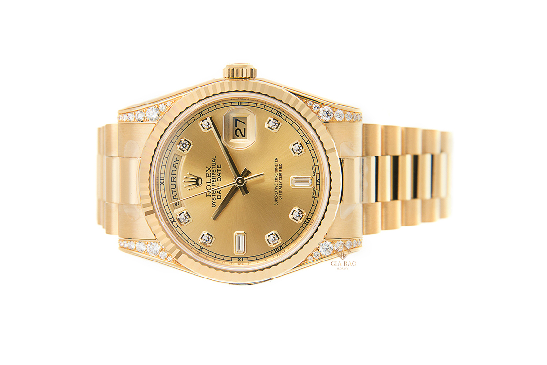 Đồng Hồ Rolex Day-Date 36 118338 Mặt Số Vàng Champagne Cọc Số Kim Cương