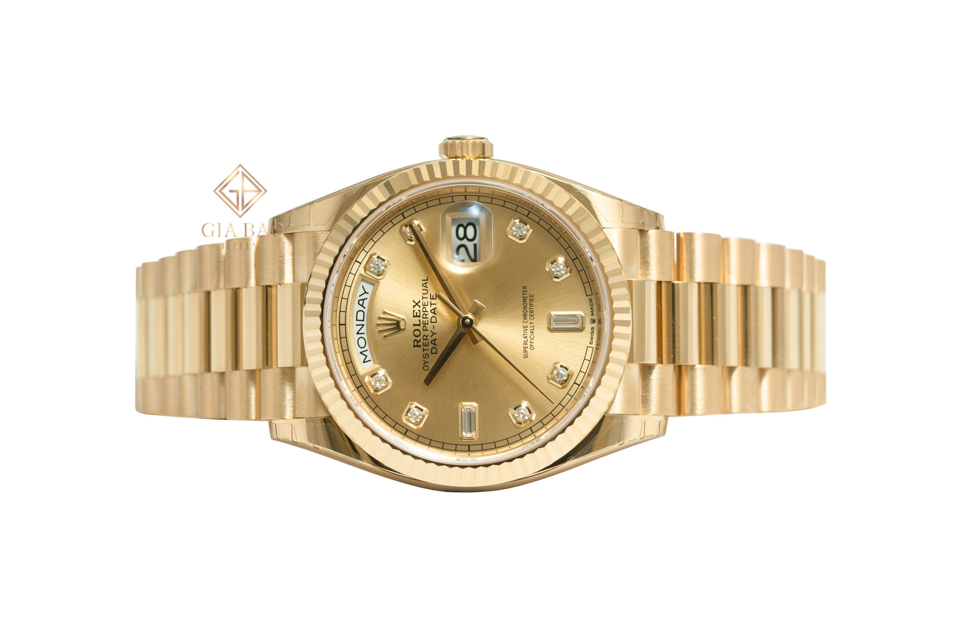 Đồng Hồ Rolex Day-Date 36 128238 Mặt Số Vàng Champagne Cọc Số Nạm Kim Cương