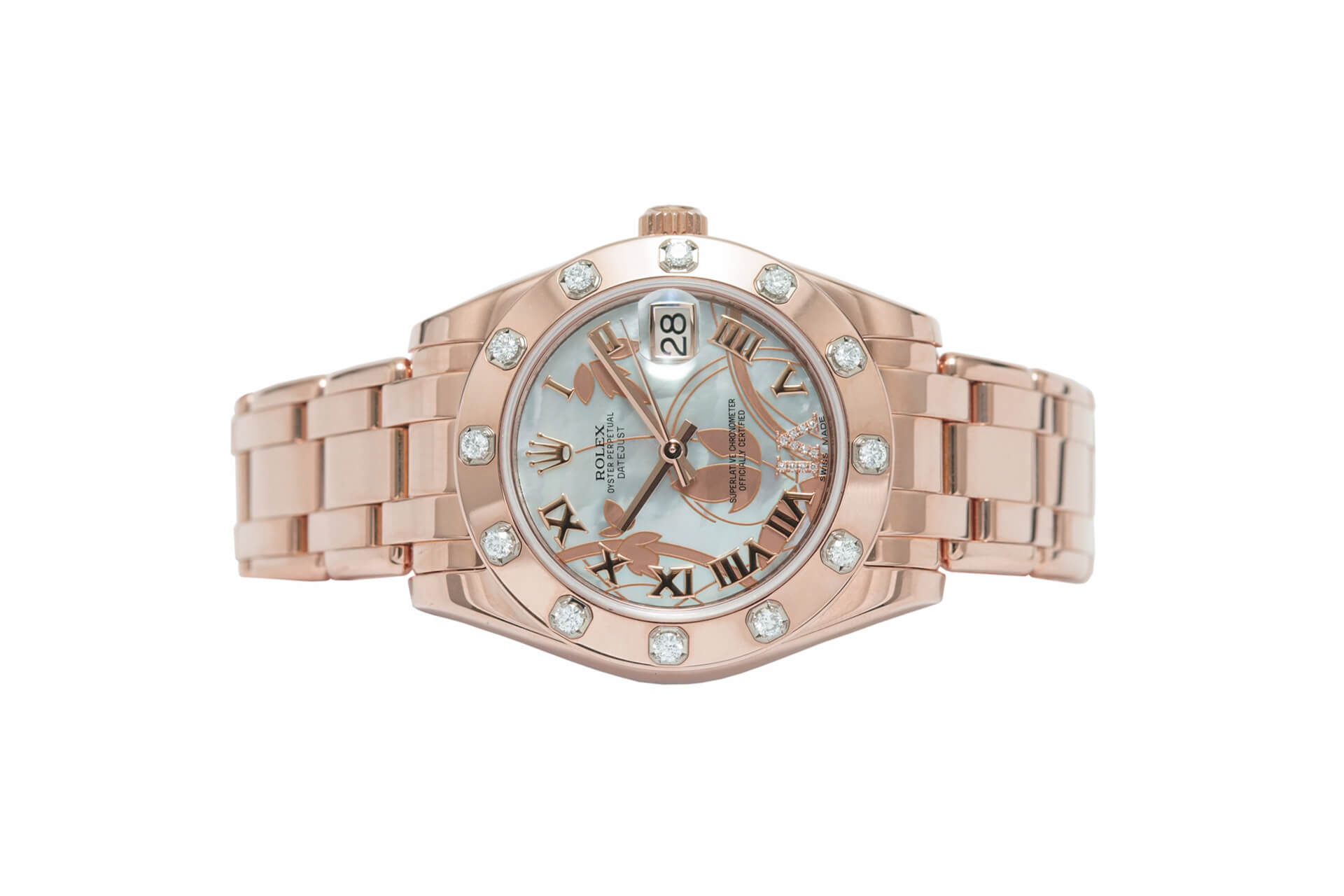 Đồng Hồ Rolex Pearlmaster 34 81315 Mặt Số Vỏ Trai Trắng Họa Tiết Hoa