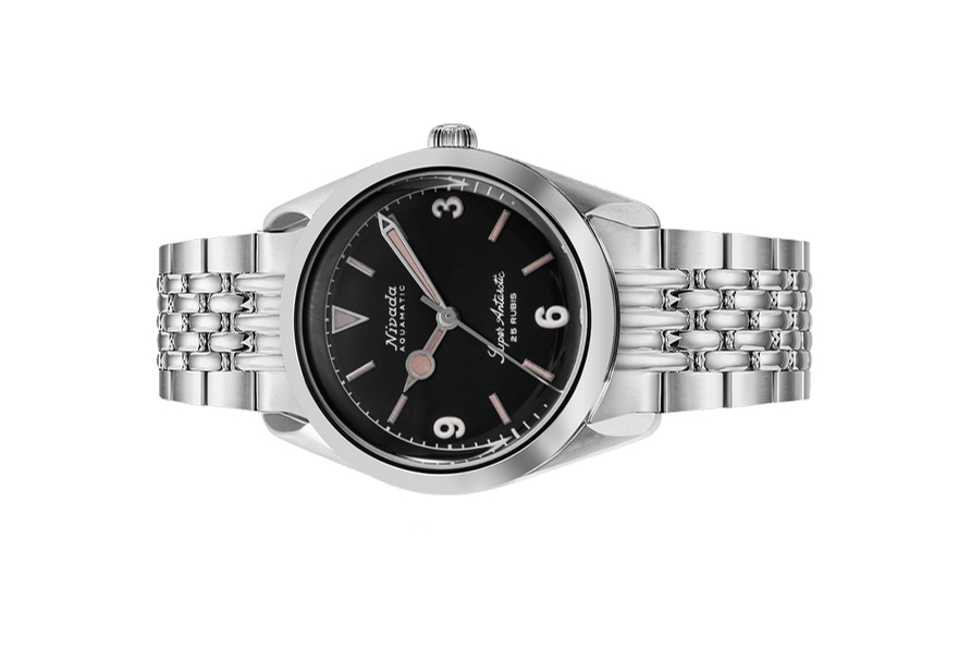 Đồng hồ đeo tay thương hiệu Nivada Grenchen, dòng sản phẩm Super Antarctic 3.6.9, Ref num 32032A, mặt số đen mờ, size 38mm, máy tự động, vỏ và dây đồng hồ bằng thép không gỉ 316L, mới 100%