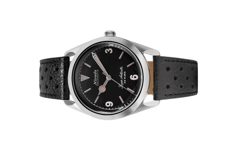 Đồng hồ đeo tay thương hiệu Nivada Grenchen, dòng sản phẩm Super Antarctic 3.6.9, Ref num 32032A, mặt số đen mờ, size 38mm, máy tự động, vỏ bằng thép không gỉ 316L, dây da bò, mới 100%