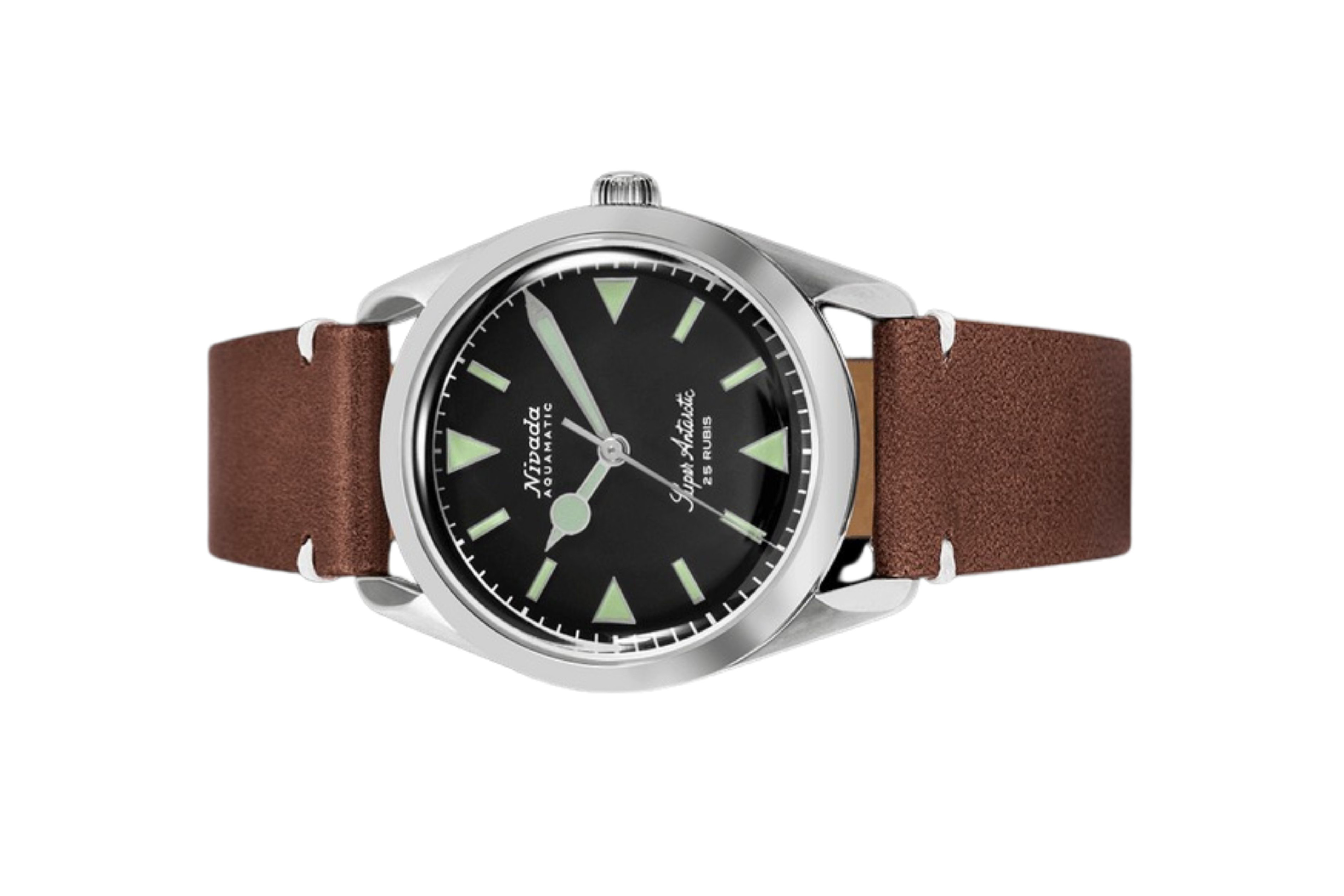 Đồng hồ đeo tay thương hiệu Nivada Grenchen, dòng sản phẩm Super Antarctic, Ref num 32026A mặt số đen mờ, size 38mm, máy tự động, vỏ bằng thép không gỉ 316L, dây da bò, mới 100%