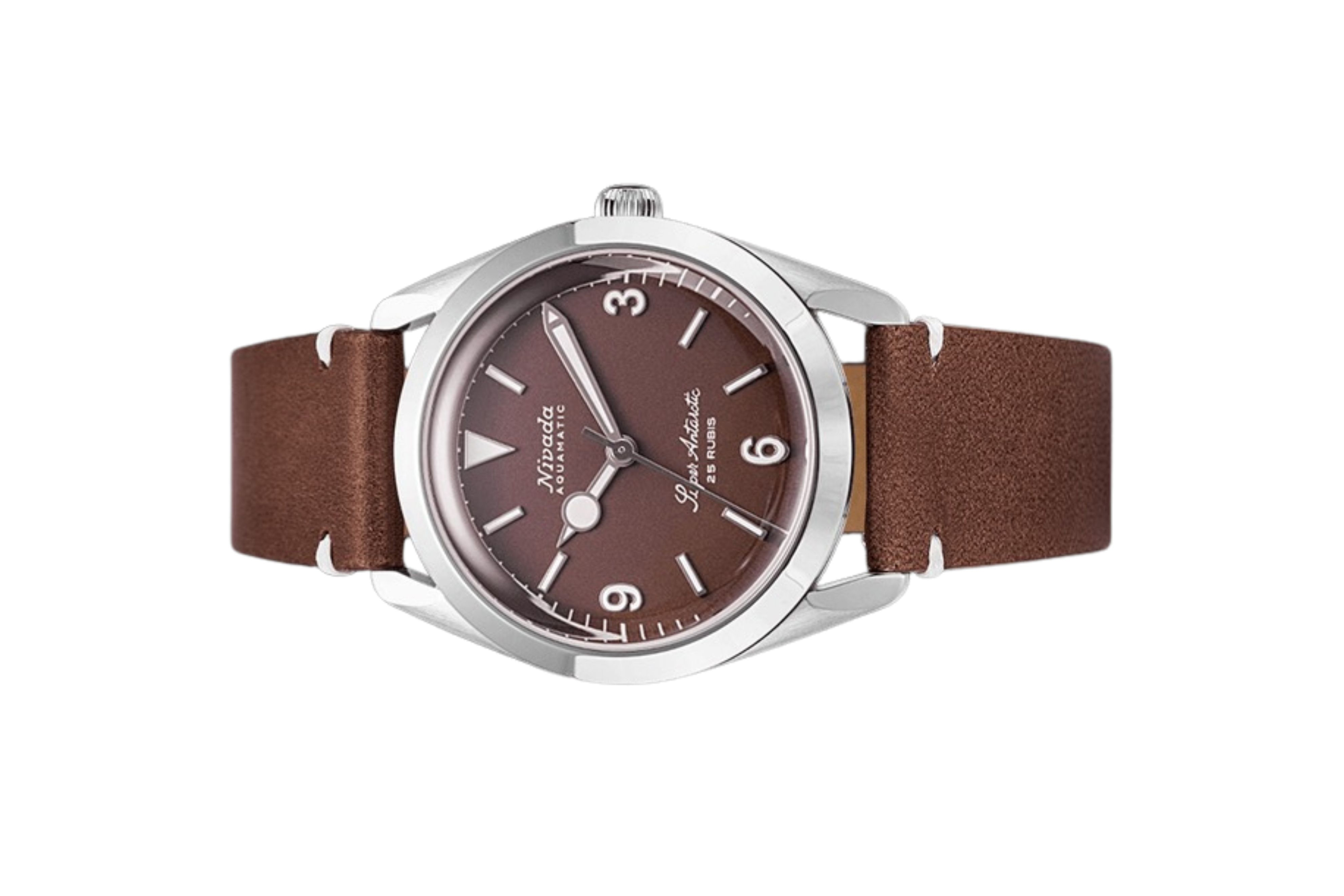 Đồng hồ đeo tay thương hiệu Nivada Grenchen, dòng sản phẩm Super Antarctic 3.6.9, Ref num 32040A, mặt số nâu Matt, size 38mm, máy tự động, vỏ bằng thép không gỉ 316L, dây da bò, mới 100%