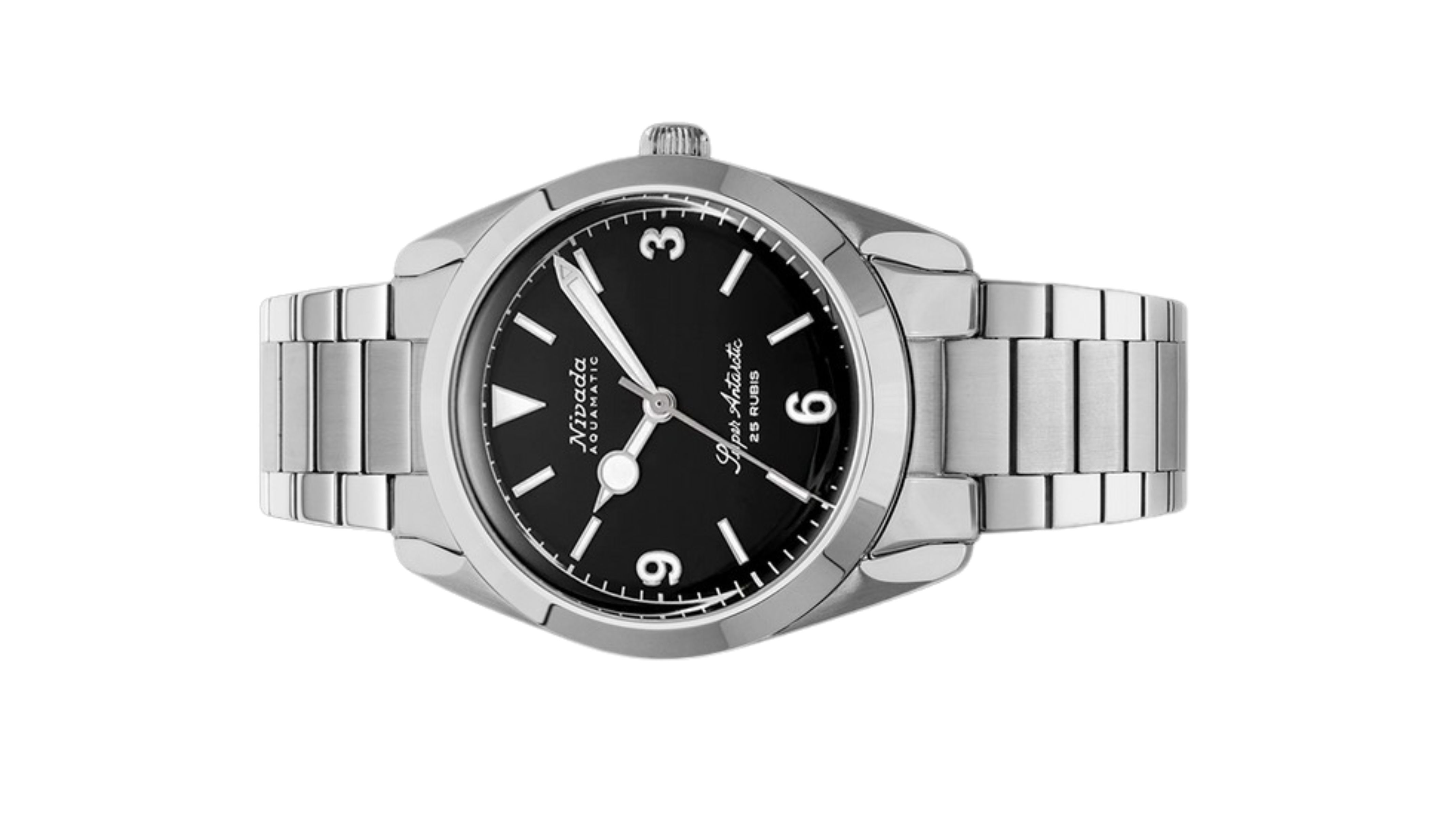 Đồng hồ đeo tay thương hiệu Nivada Grenchen, dòng sản phẩm Super Antarctic 3.6.9, Ref num 32039A, mặt số đen mờ, size 38mm, máy tự động, vỏ và dây đồng hồ bằng thép không gỉ 316L, mới 100%