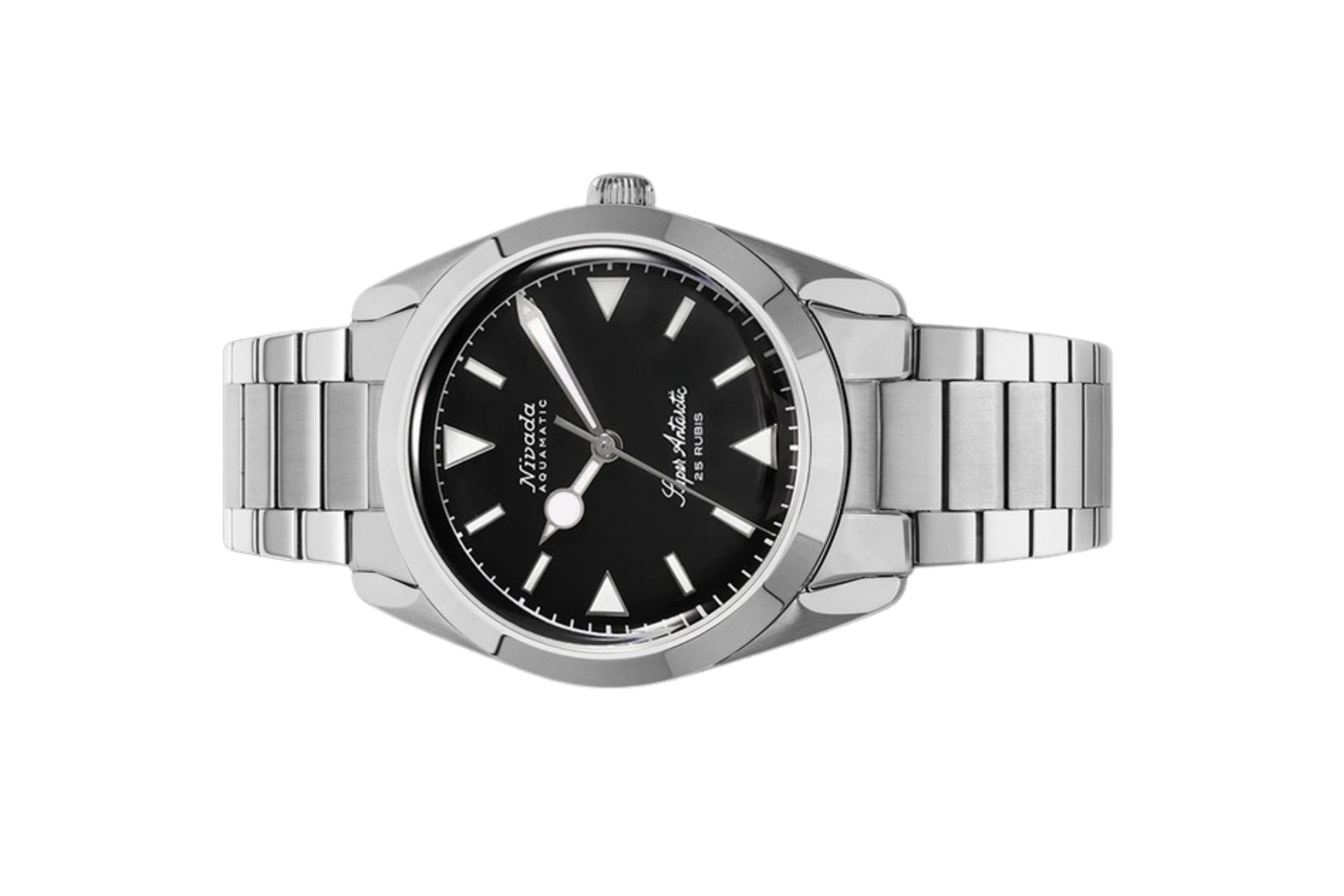 Đồng hồ đeo tay thương hiệu Nivada Grenchen, dòng sản phẩm Super Antarctic, Ref num 32025A, mặt số đen mờ, size 38mm, máy tự động, vỏ và dây đồng hồ bằng thép không gỉ 316L, mới 100%