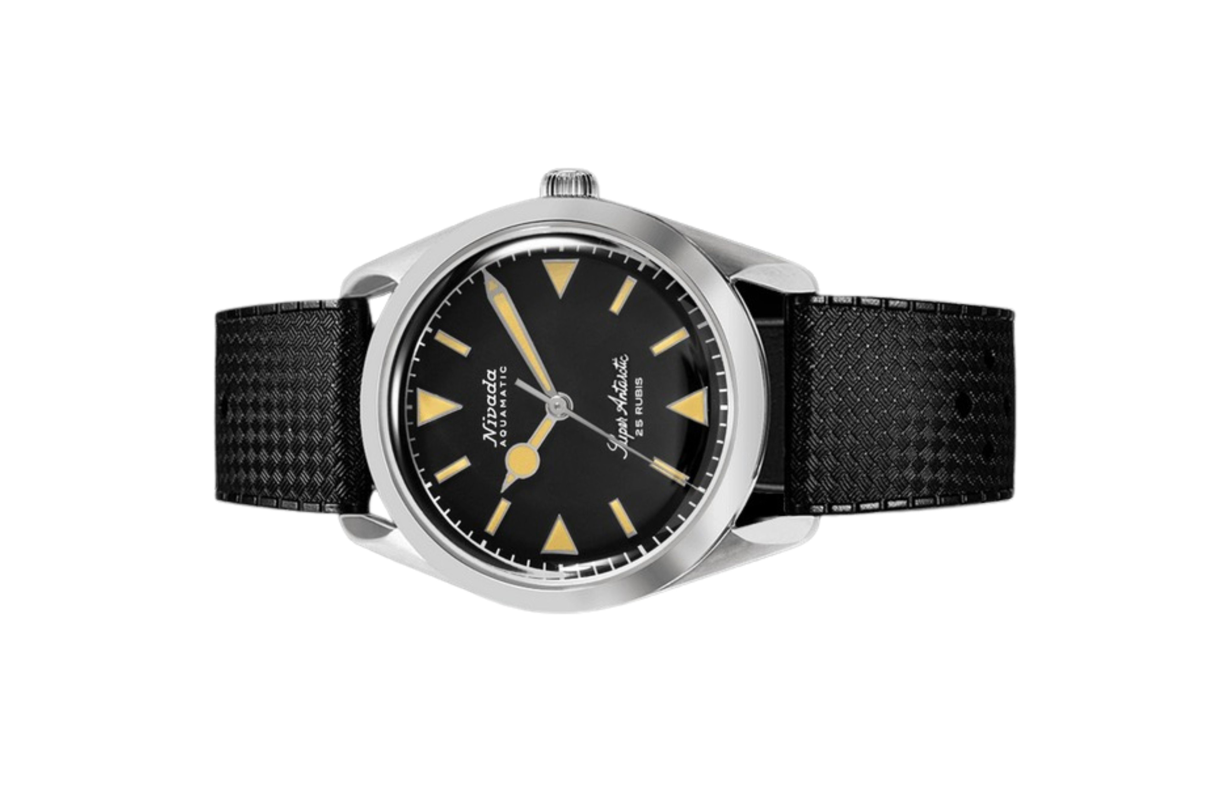 Đồng hồ đeo tay thương hiệu Nivada Grenchen, dòng sản phẩm Super Antarctic, Ref num 32024A, mặt số đen mờ, size 38mm, máy tự động, vỏ bằng thép không gỉ 316L, dây da bò, mới 100%