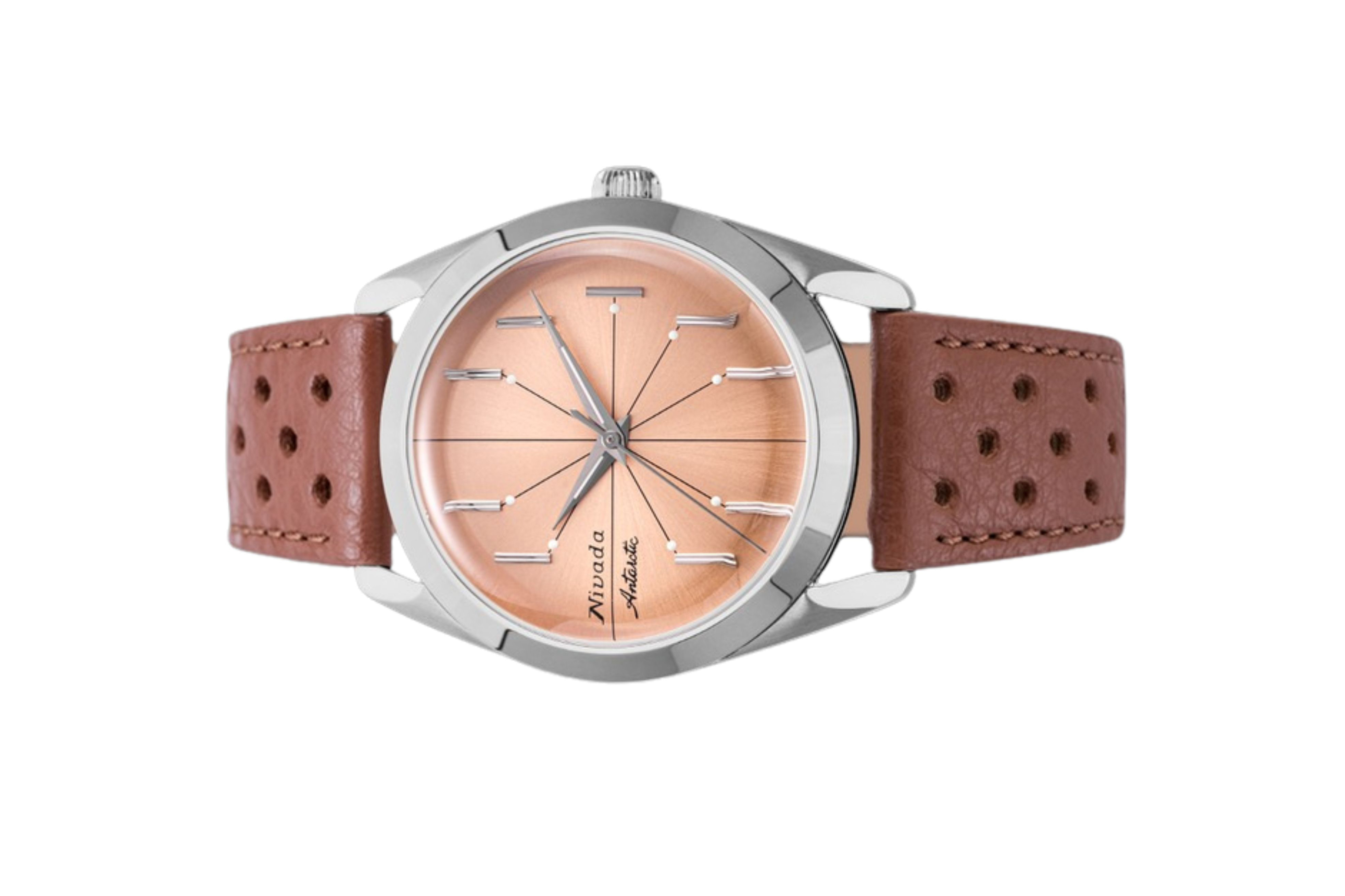 Đồng hồ đeo tay thương hiệu Nivada Grenchen, dòng sản phẩm Antarctic Spider, Ref num 32050A, mặt số hồng cam, size 38mm, máy tự động, vỏ bằng thép không gỉ 316L, dây da bò, mới 100%