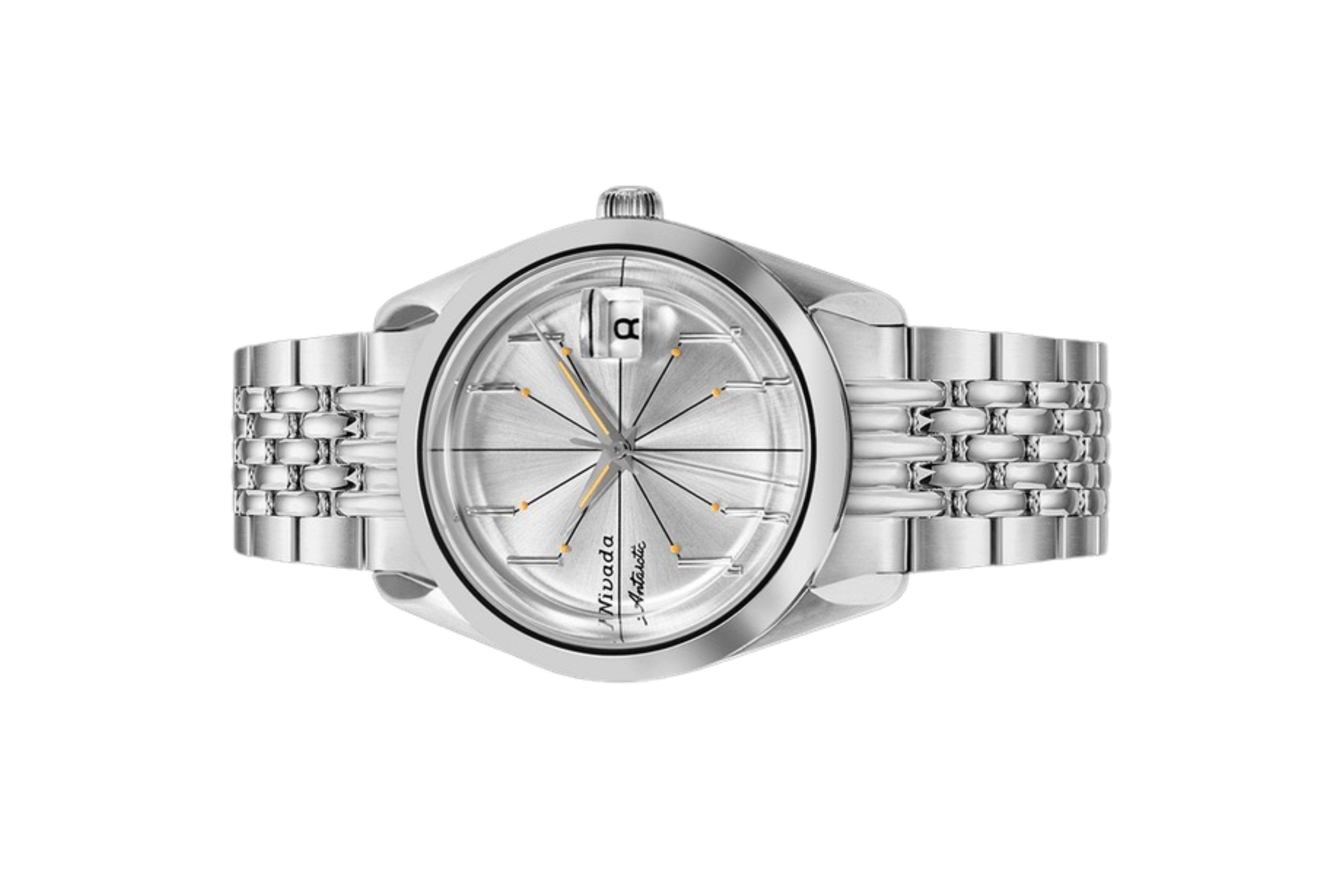 Đồng hồ đeo tay thương hiệu Nivada Grenchen, dòng sản phẩm Antarctic Spider, Ref num 32023A, mặt số Sunray chải bạc trắng, size 38mm, máy tự động, vỏ và dây đồng hồ bằng thép không gỉ 316L, mới 100%