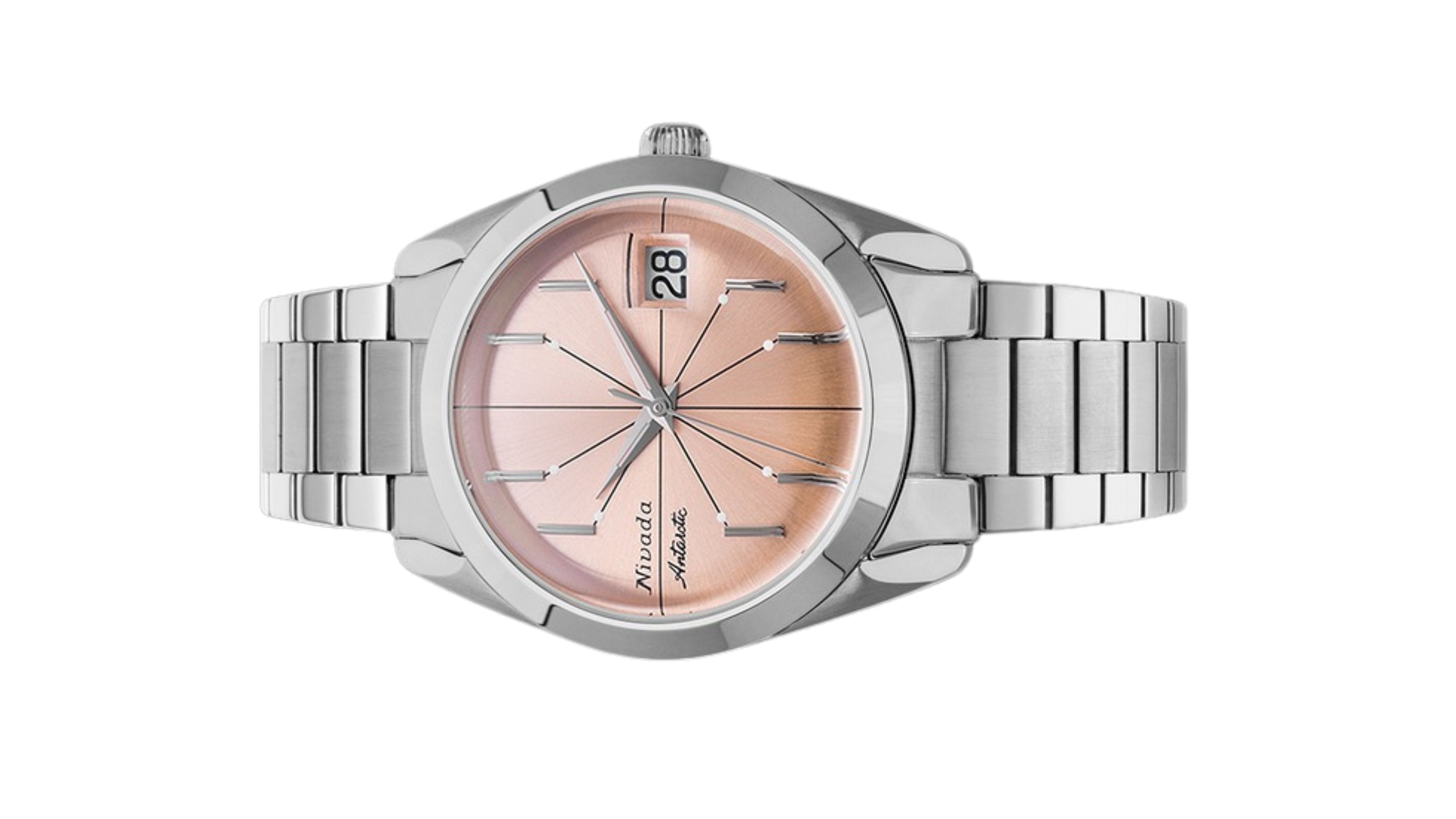 Đồng hồ đeo tay thương hiệu Nivada Grenchen, dòng sản phẩm Antarctic Spider, Ref num 32042A, mặt số hồng cam, size 38mm, máy tự động, vỏ và dây đồng hồ bằng thép không gỉ 316L, mới 100%
