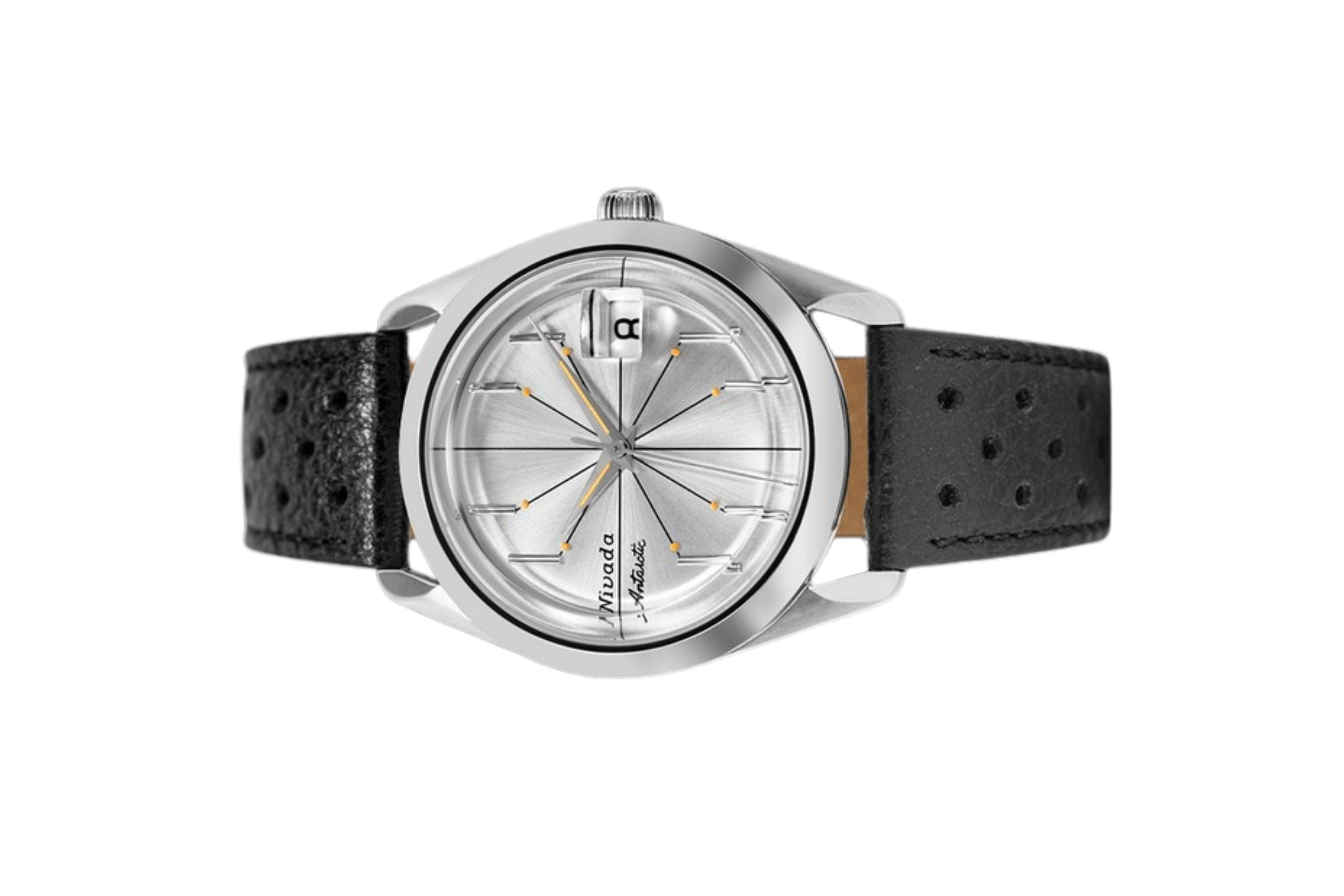 Đồng hồ đeo tay thương hiệu Nivada Grenchen, dòng sản phẩm Antarctic Spider, Ref num 32023A, mặt số Sunray chải bạc trắng, size 38mm, máy tự động, vỏ bằng thép không gỉ 316L, dây da bò, mới 100%