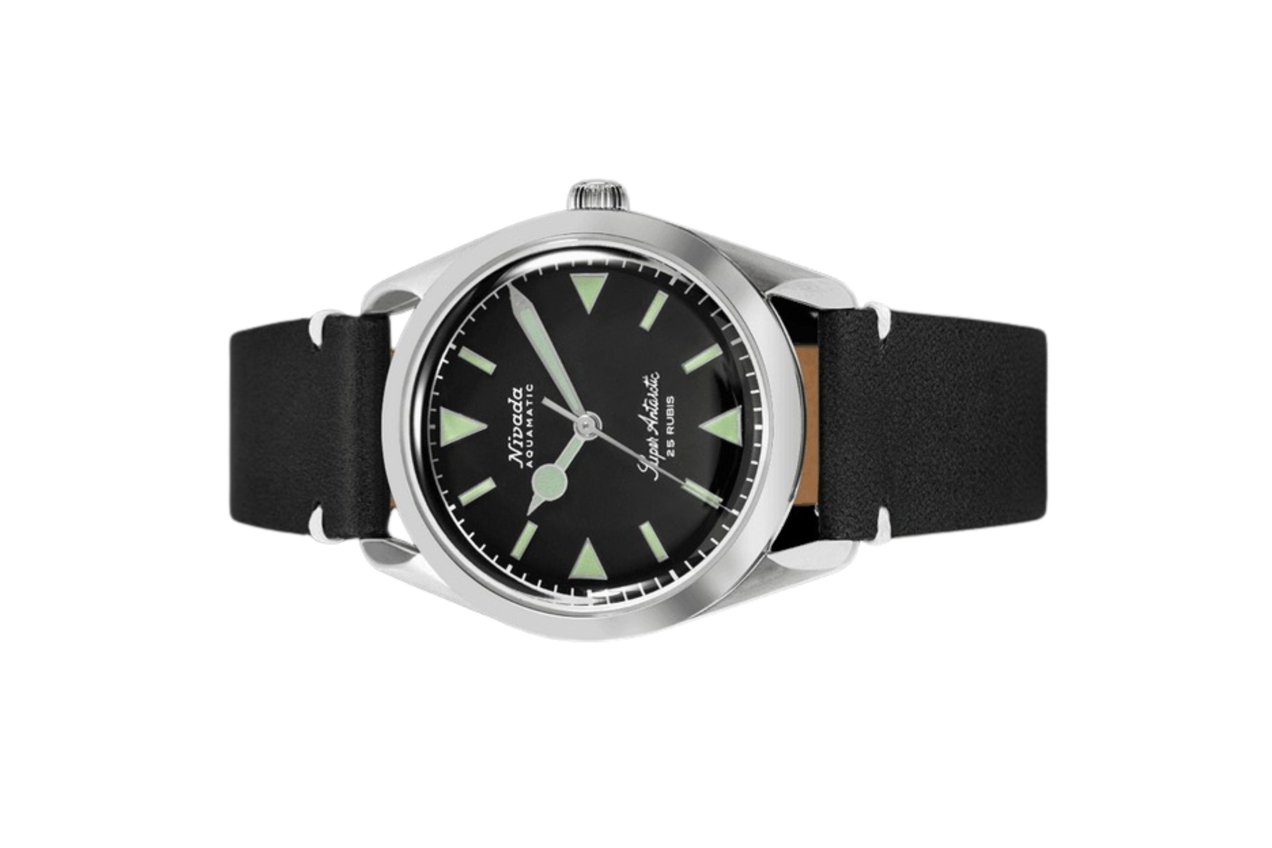 Đồng hồ đeo tay thương hiệu Nivada Grenchen, dòng sản phẩm Super Antarctic, Ref num 32026A mặt số đen mờ, size 38mm, máy tự động, vỏ bằng thép không gỉ 316L, dây da bò, mới 100%