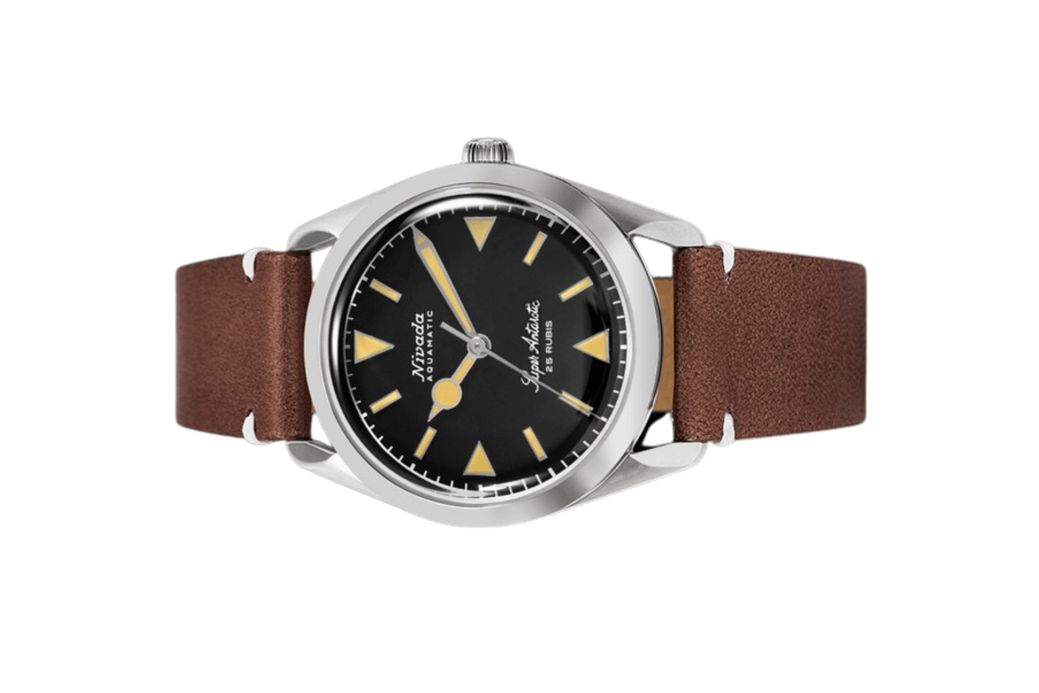 Đồng hồ đeo tay thương hiệu Nivada Grenchen, dòng sản phẩm Super Antarctic, Ref num 32024A, mặt số đen mờ, size 38mm, máy tự động, vỏ bằng thép không gỉ 316L, dây da bò, mới 100%