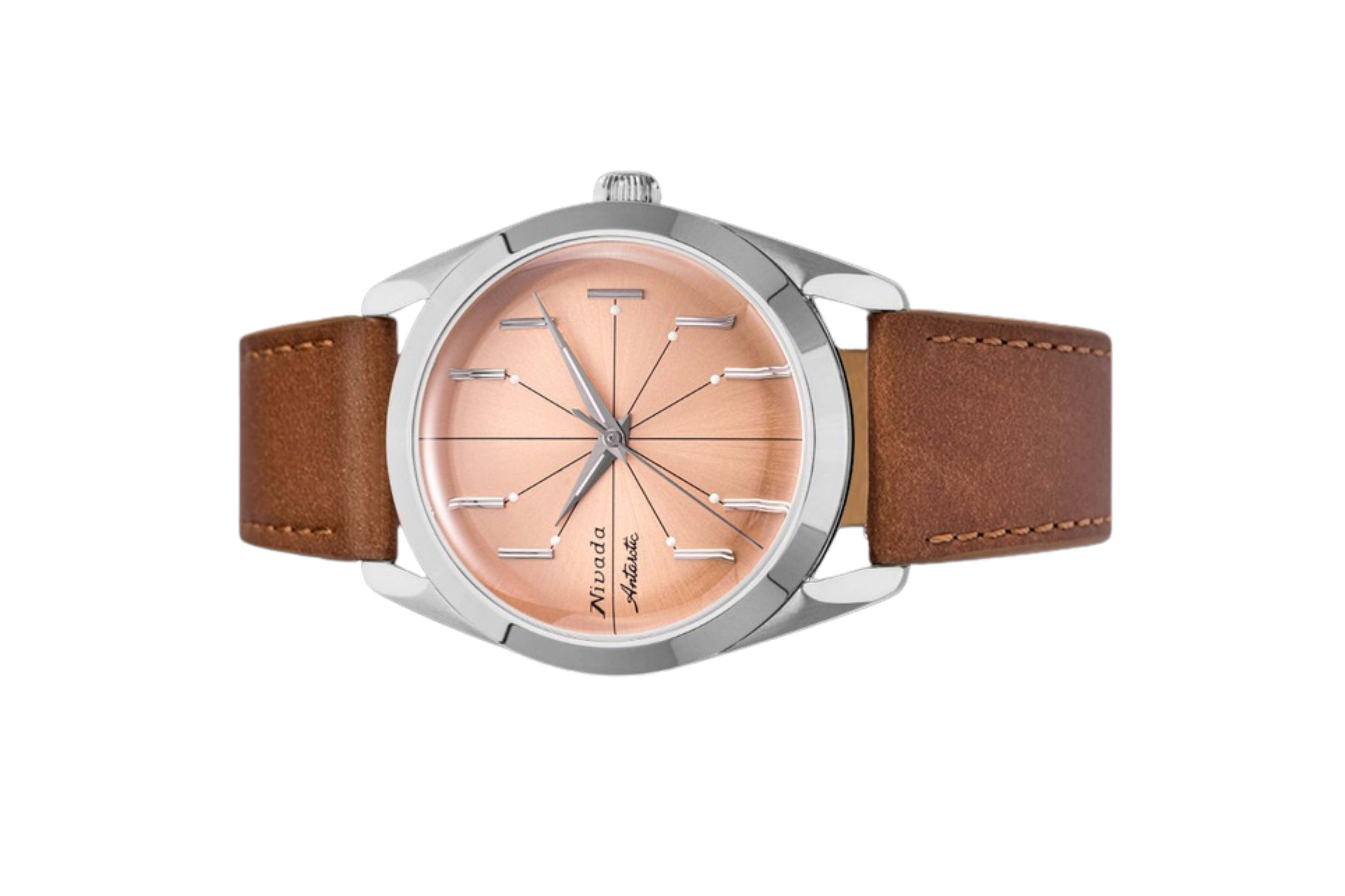 Đồng hồ đeo tay thương hiệu Nivada Grenchen, dòng sản phẩm Antarctic Spider, Ref num 32050A, mặt số hồng cam, size 38mm, máy tự động, vỏ bằng thép không gỉ 316L, dây da bò, mới 100%