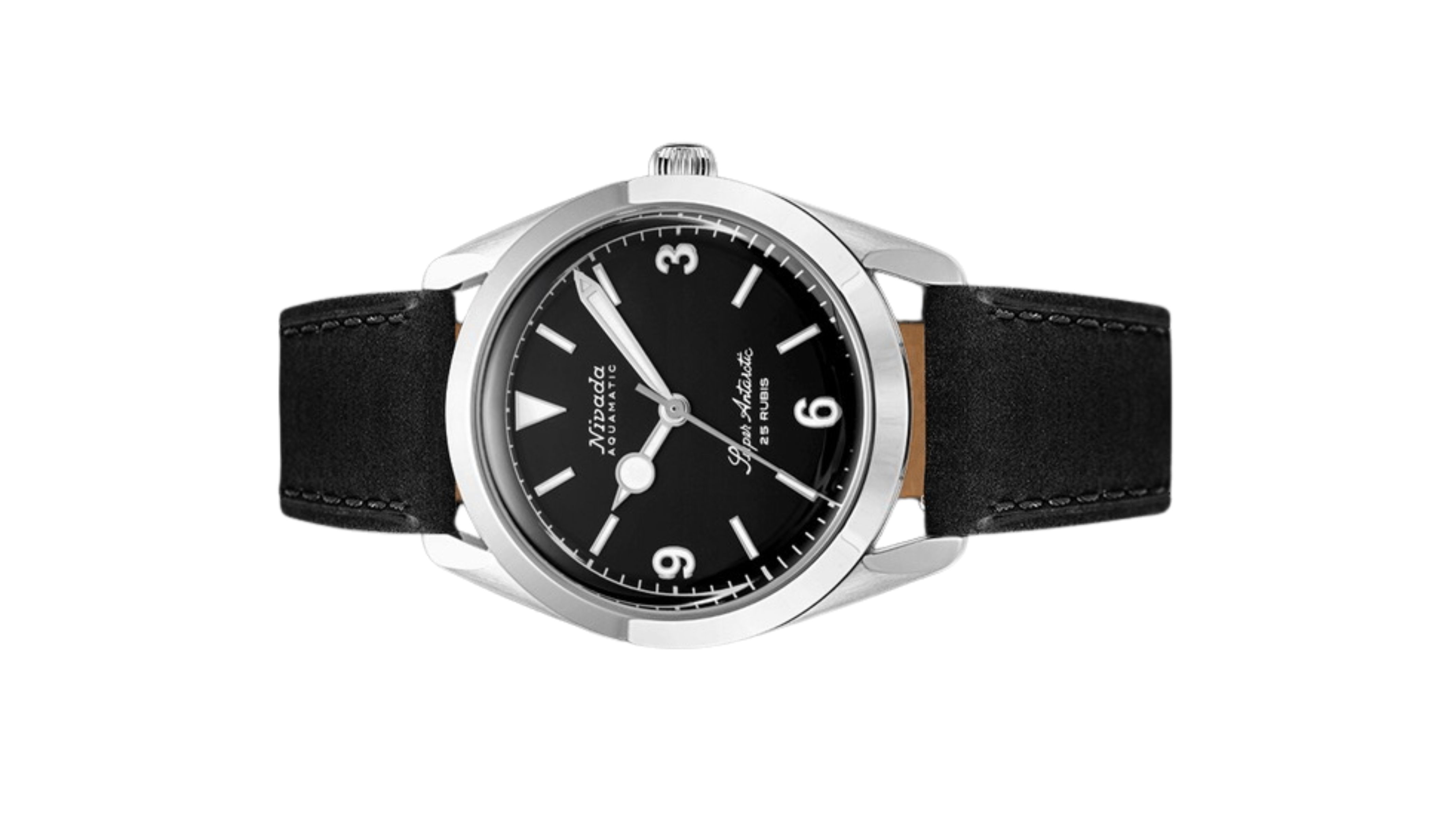 Đồng hồ đeo tay thương hiệu Nivada Grenchen, dòng sản phẩm Super Antarctic 3.6.9, Ref num 32039A, mặt số đen mờ, size 38mm, máy tự động, vỏ bằng thép không gỉ 316L, dây da bò, mới 100%