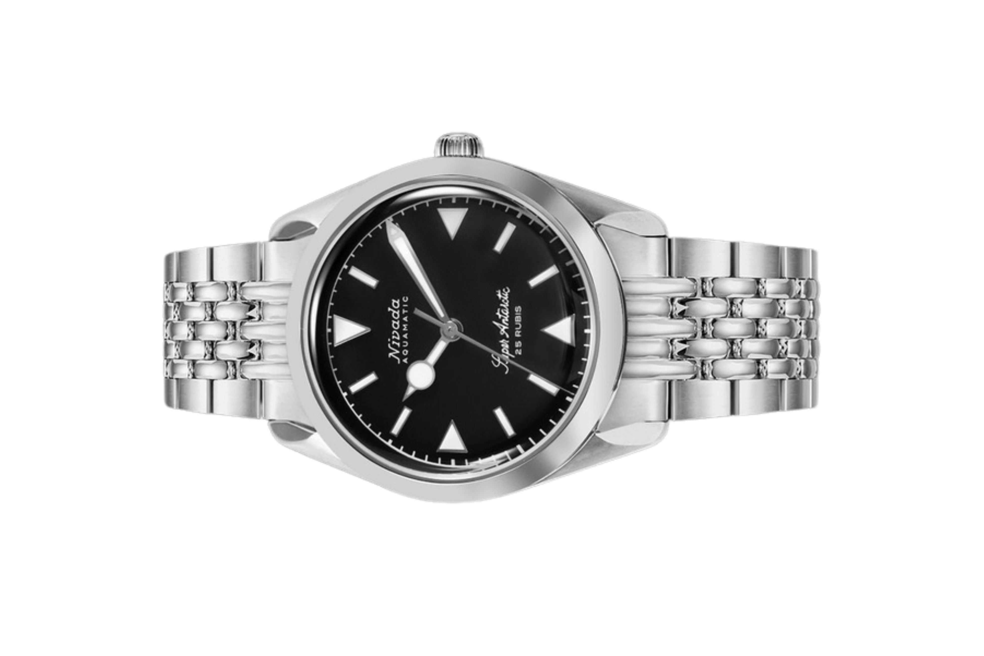 Đồng hồ đeo tay thương hiệu Nivada Grenchen, dòng sản phẩm Super Antarctic, Ref num 32025A, mặt số đen mờ, size 38mm, máy tự động, vỏ và dây đồng hồ bằng thép không gỉ 316L, mới 100%