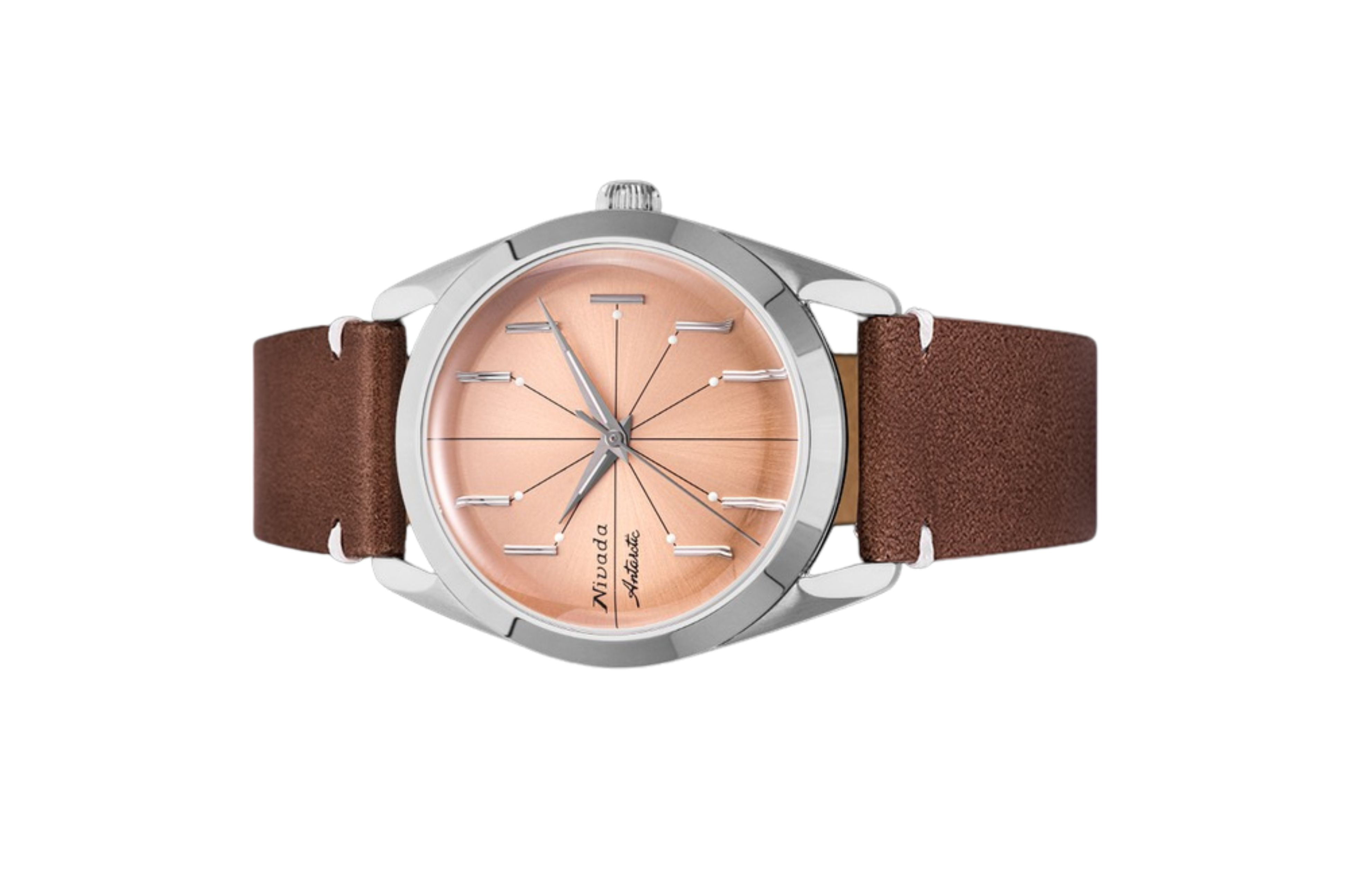 Đồng hồ đeo tay thương hiệu Nivada Grenchen, dòng sản phẩm Antarctic Spider, Ref num 32050A, mặt số hồng cam, size 38mm, máy tự động, vỏ bằng thép không gỉ 316L, dây da bò, mới 100%