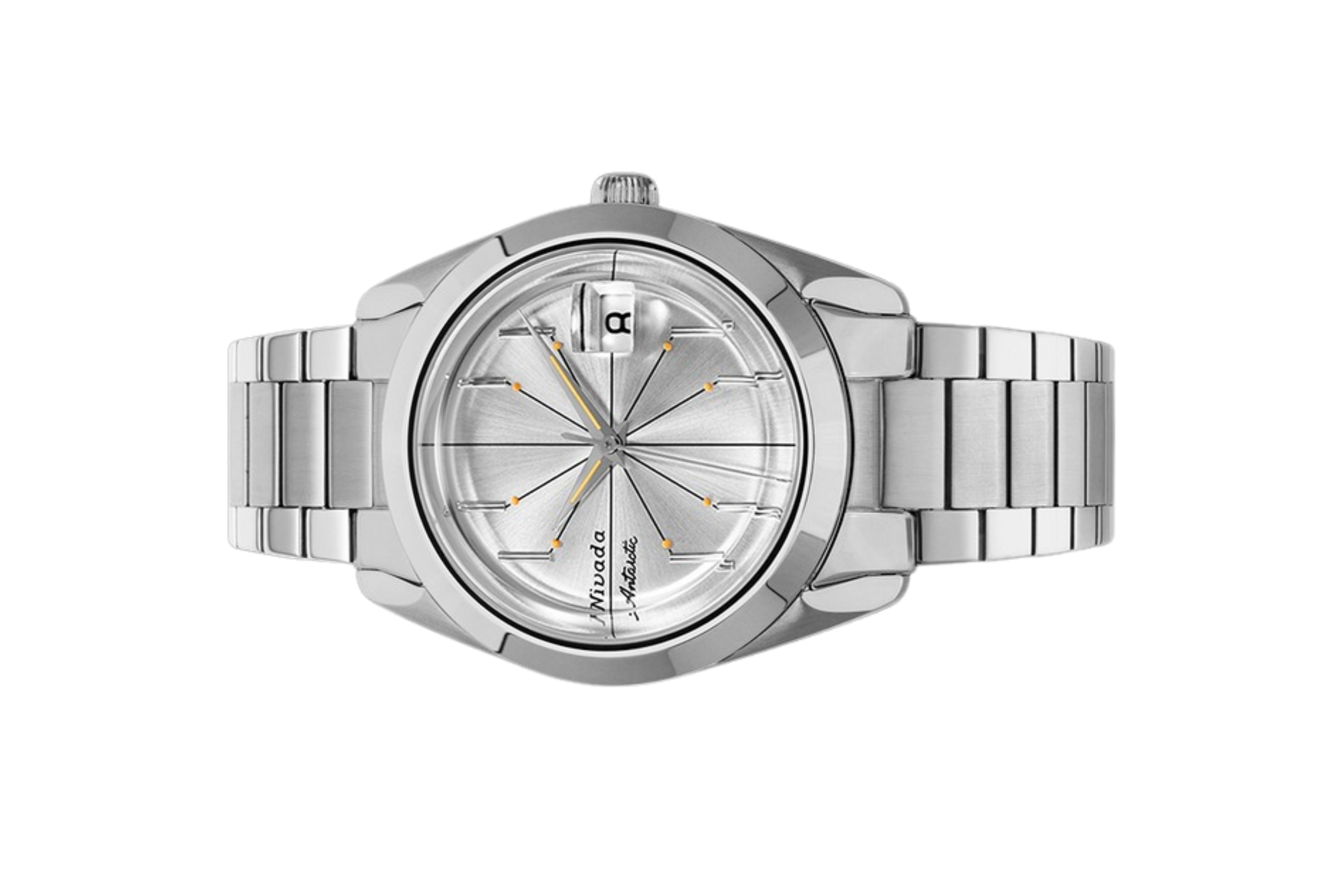 Đồng hồ đeo tay thương hiệu Nivada Grenchen, dòng sản phẩm Antarctic Spider, Ref num 32023A, mặt số Sunray chải bạc trắng, size 38mm, máy tự động, vỏ và dây đồng hồ bằng thép không gỉ 316L, mới 100%