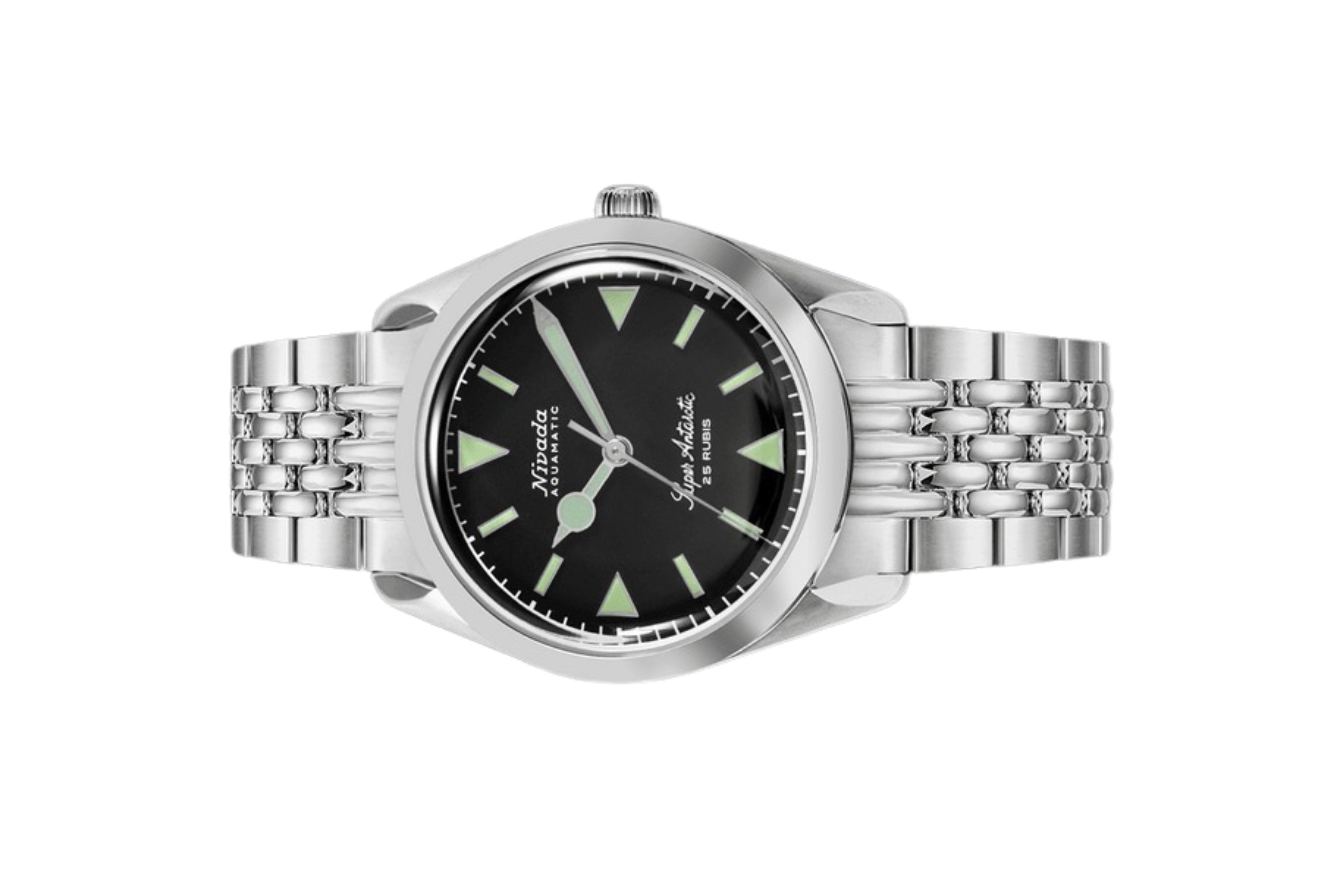 Đồng hồ đeo tay thương hiệu Nivada Grenchen, dòng sản phẩm Super Antarctic, Ref num 32026A mặt số đen mờ, size 38mm, máy tự động, vỏ và dây đồng hồ bằng thép không gỉ 316L, mới 100%