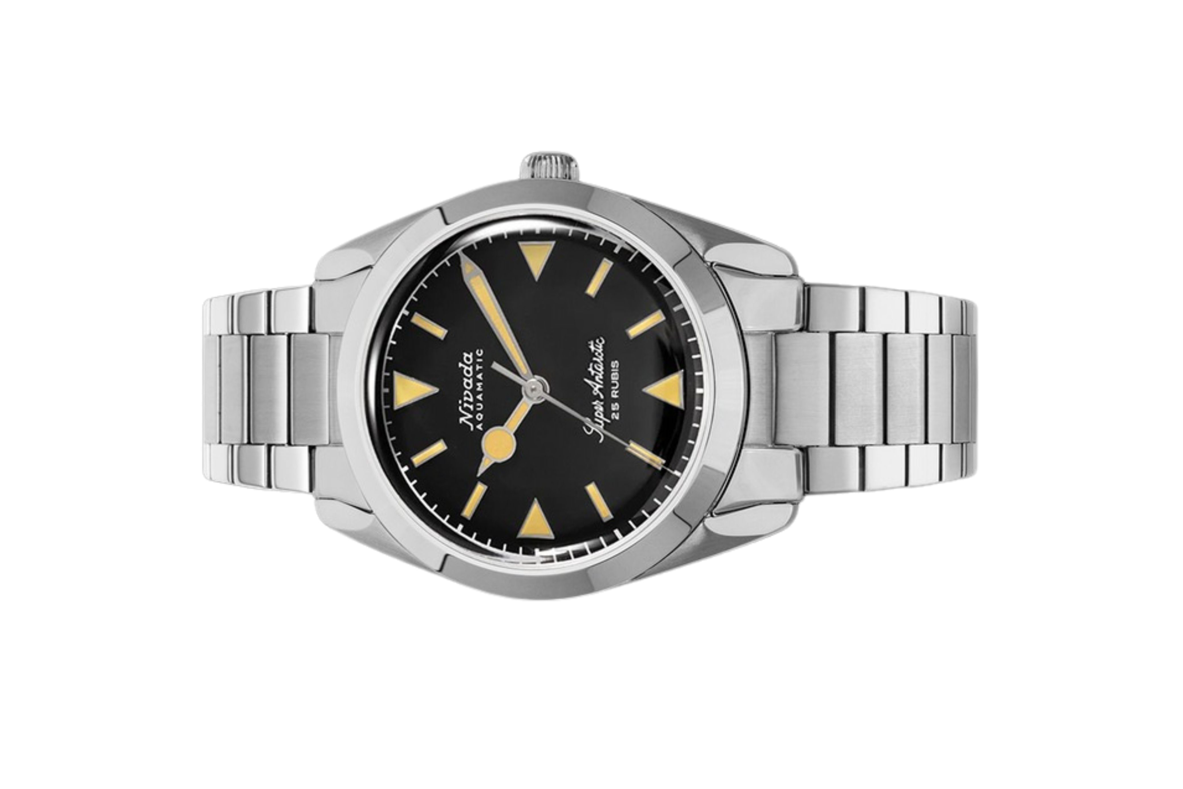 Đồng hồ đeo tay thương hiệu Nivada Grenchen, dòng sản phẩm Super Antarctic, Ref num 32024A, mặt số đen mờ, size 38mm, máy tự động, vỏ và dây đồng hồ bằng thép không gỉ 316L, mới 100%