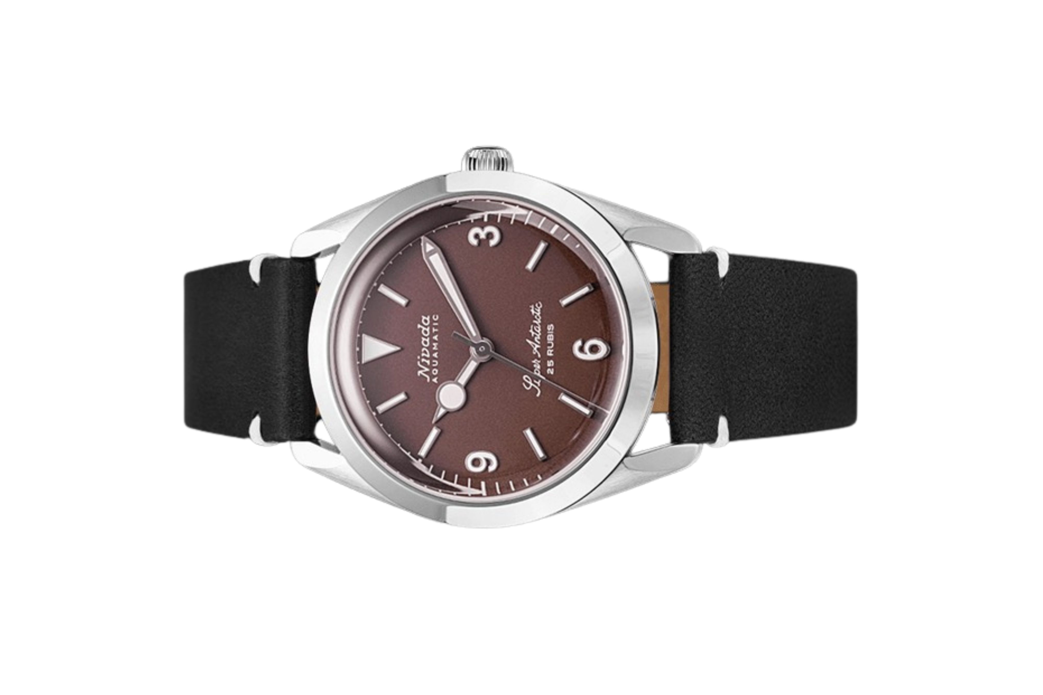 Đồng hồ đeo tay thương hiệu Nivada Grenchen, dòng sản phẩm Super Antarctic 3.6.9, Ref num 32040A, mặt số nâu Matt, size 38mm, máy tự động, vỏ bằng thép không gỉ 316L, dây da bò, mới 100%