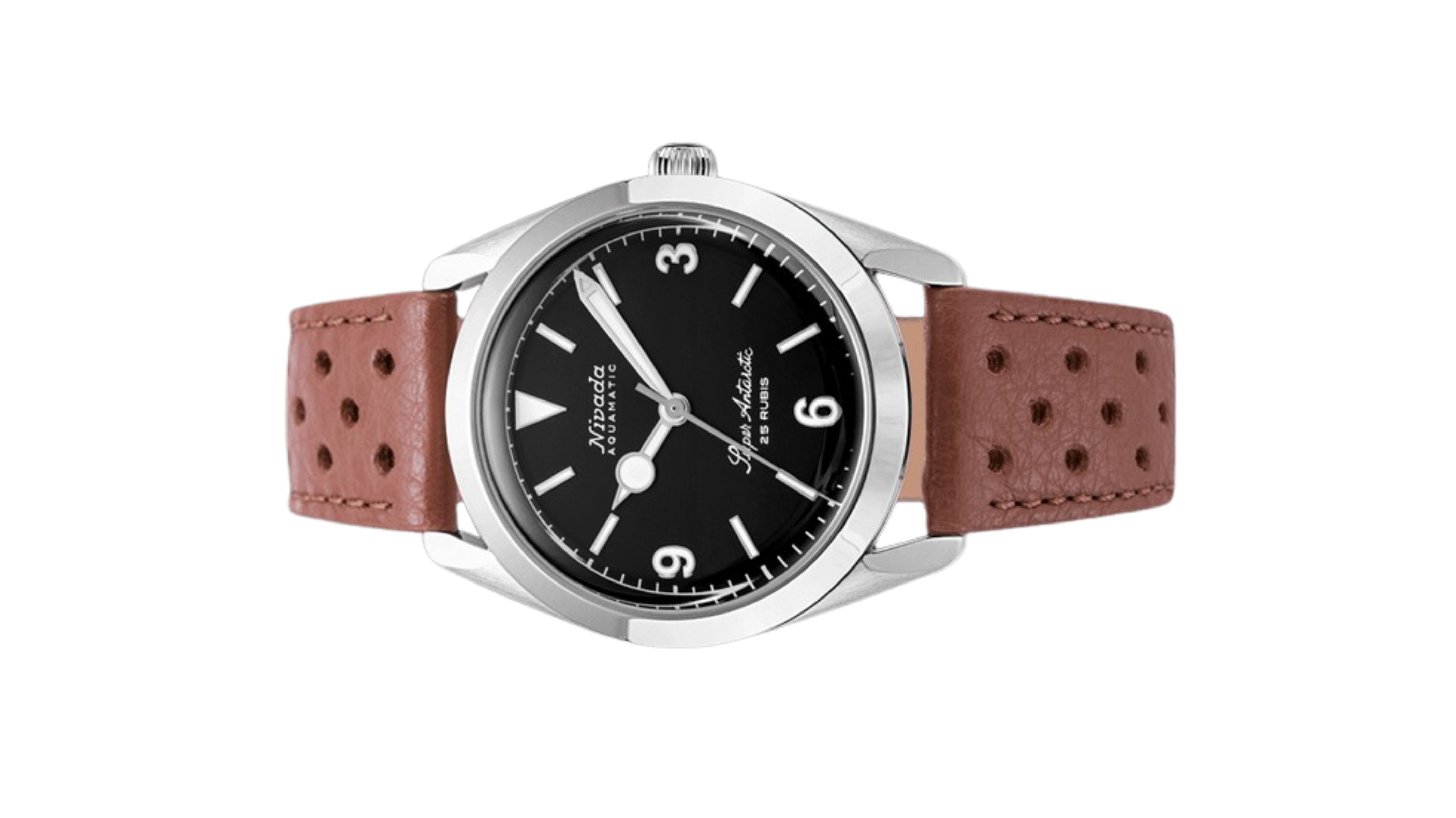 Đồng hồ đeo tay thương hiệu Nivada Grenchen, dòng sản phẩm Super Antarctic 3.6.9, Ref num 32039A, mặt số đen mờ, size 38mm, máy tự động, vỏ bằng thép không gỉ 316L, dây da bò, mới 100%
