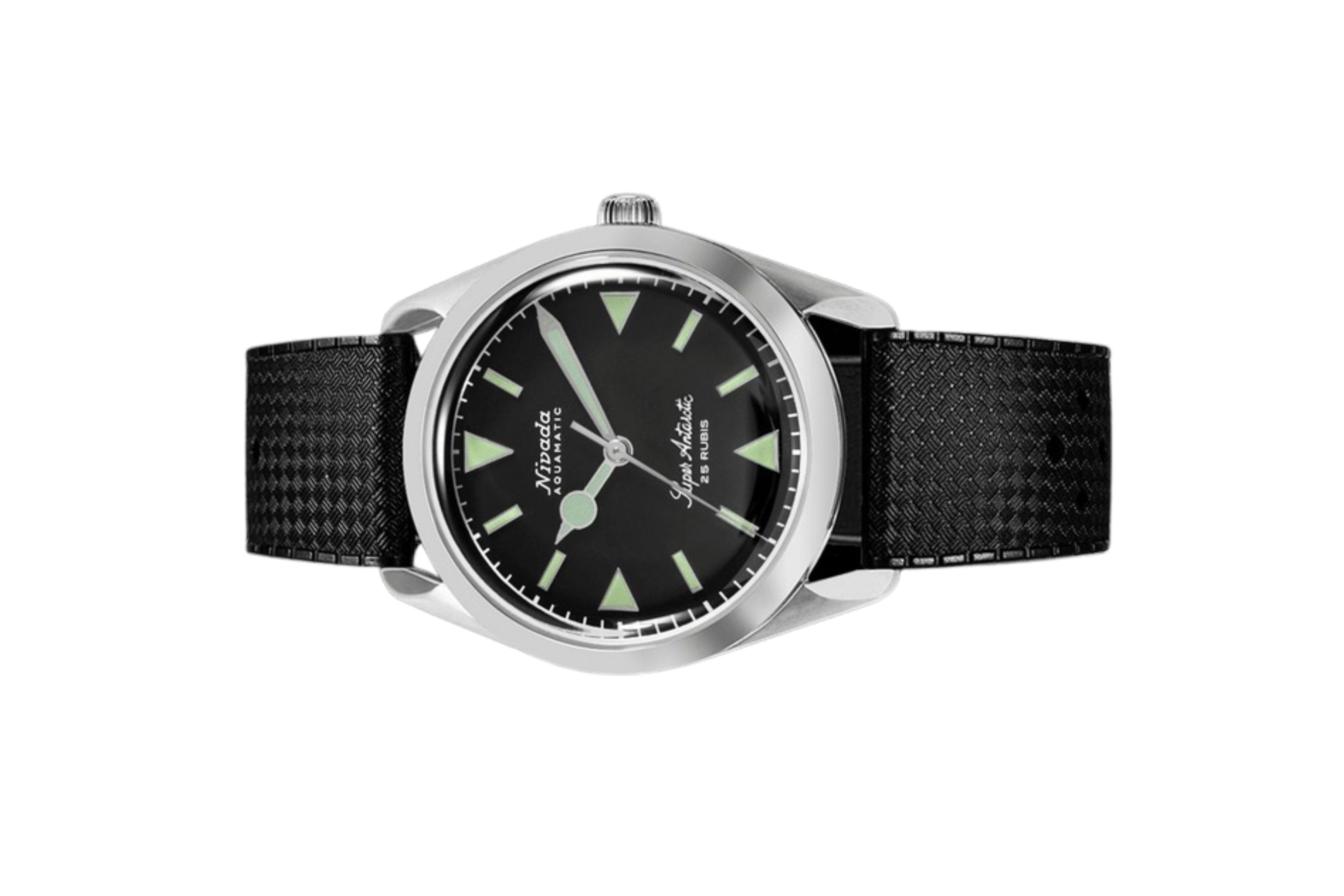 Đồng hồ đeo tay thương hiệu Nivada Grenchen, dòng sản phẩm Super Antarctic, Ref num 32026A mặt số đen mờ, size 38mm, máy tự động, vỏ bằng thép không gỉ 316L, dây da bò, mới 100%