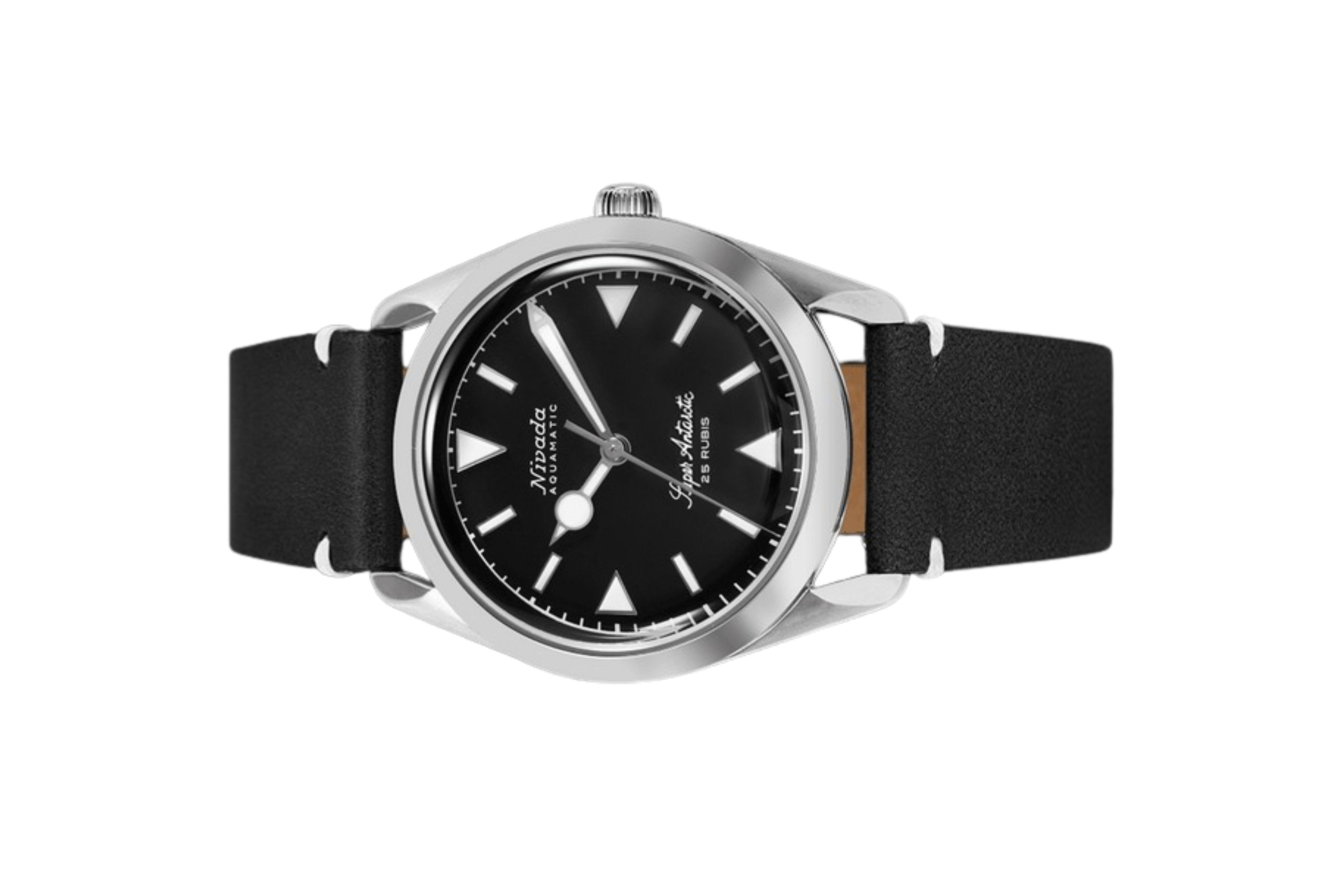 Đồng hồ đeo tay thương hiệu Nivada Grenchen, dòng sản phẩm Super Antarctic, Ref num 32025A, mặt số đen mờ, size 38mm, máy tự động, vỏ bằng thép không gỉ 316L, dây da bò, mới 100%