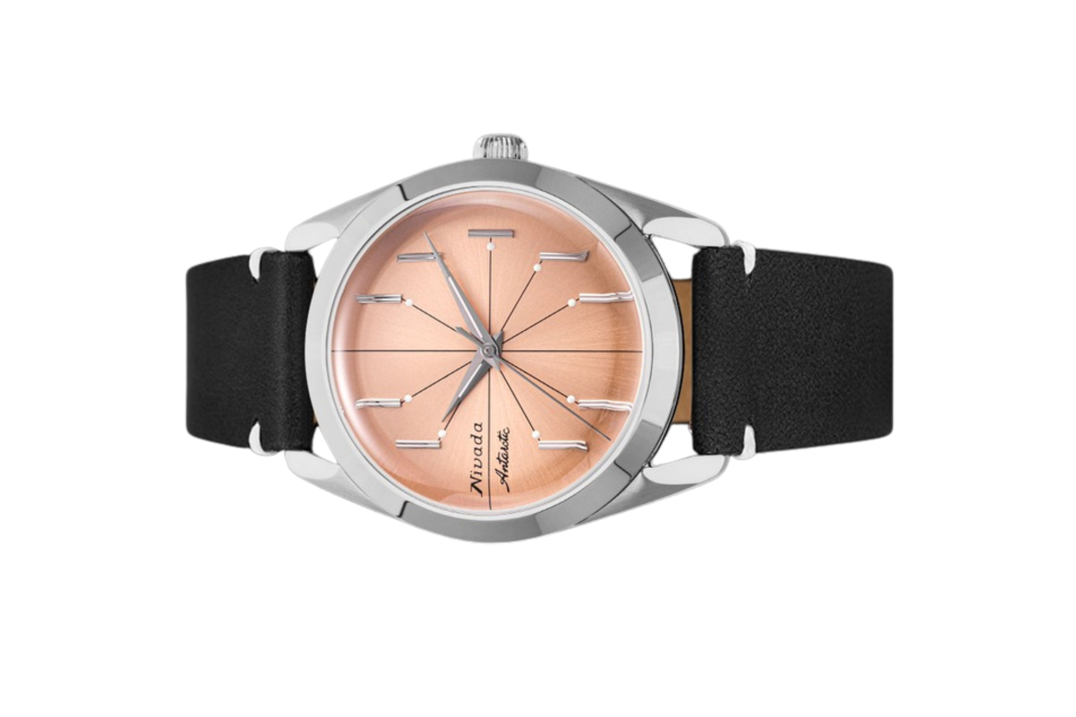 Đồng hồ đeo tay thương hiệu Nivada Grenchen, dòng sản phẩm Antarctic Spider, Ref num 32050A, mặt số hồng cam, size 38mm, máy tự động, vỏ bằng thép không gỉ 316L, dây da bò, mới 100%