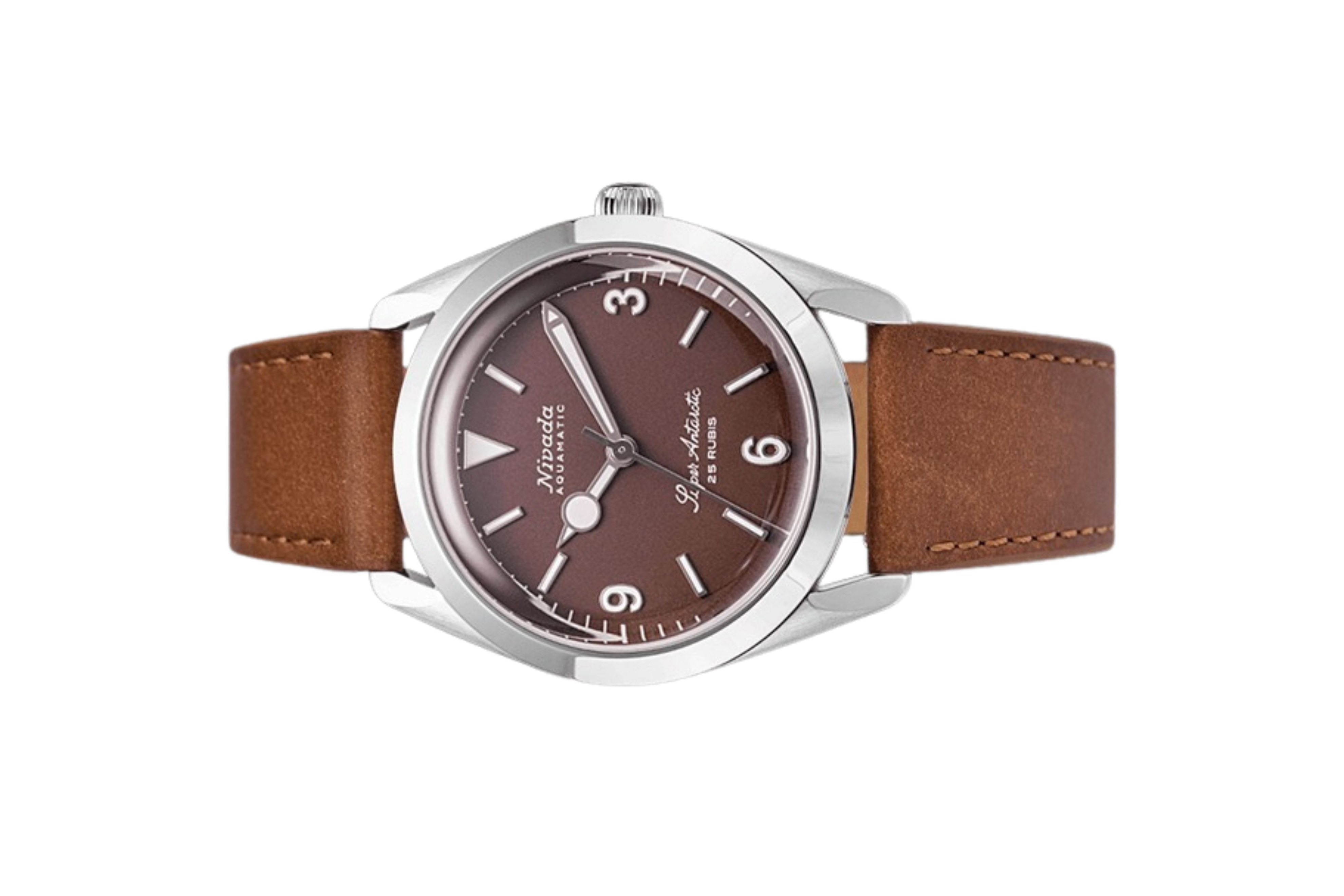 Đồng hồ đeo tay thương hiệu Nivada Grenchen, dòng sản phẩm Super Antarctic 3.6.9, Ref num 32040A, mặt số nâu Matt, size 38mm, máy tự động, vỏ bằng thép không gỉ 316L, dây da bò, mới 100%