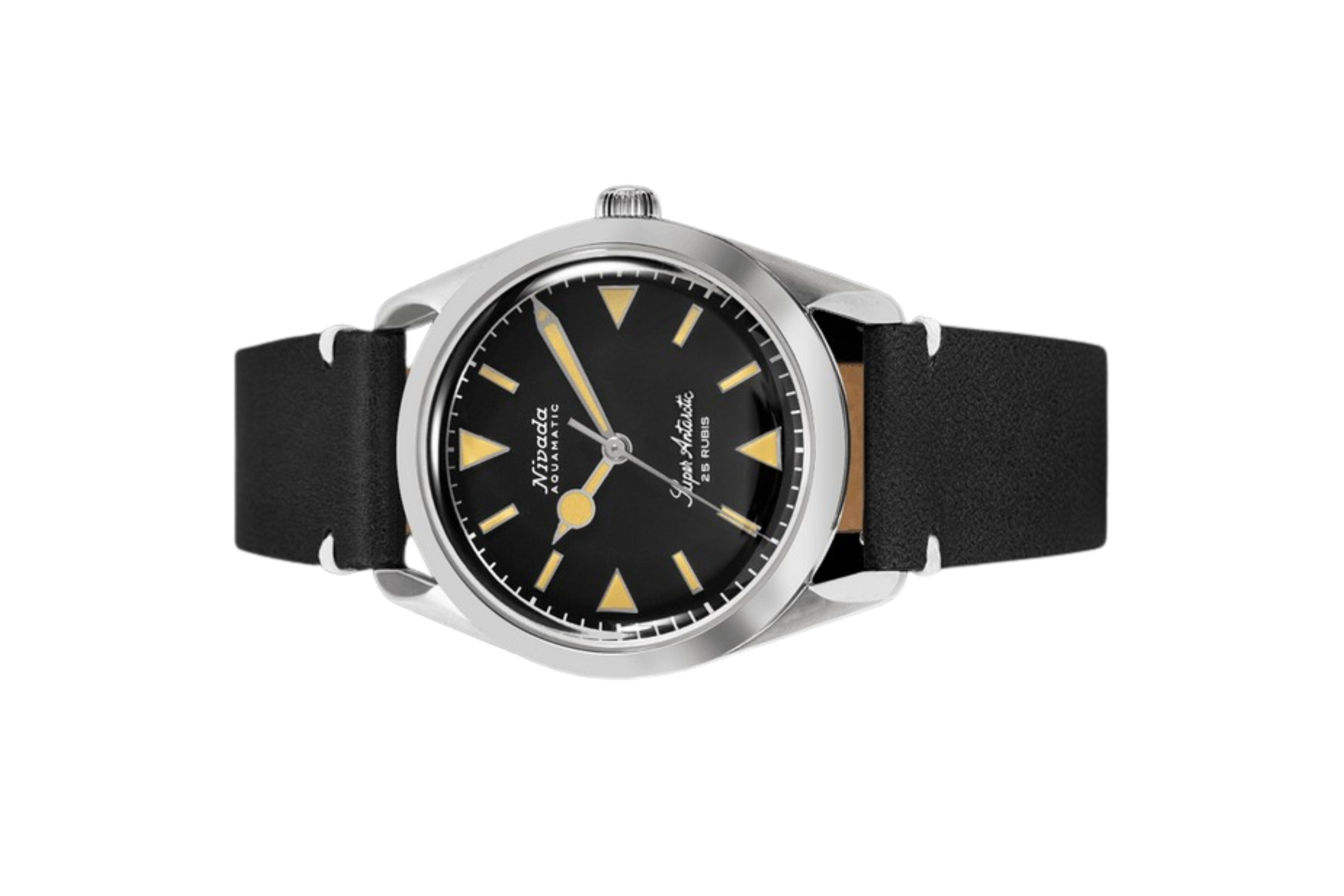 Đồng hồ đeo tay thương hiệu Nivada Grenchen, dòng sản phẩm Super Antarctic, Ref num 32024A, mặt số đen mờ, size 38mm, máy tự động, vỏ bằng thép không gỉ 316L, dây da bò, mới 100%