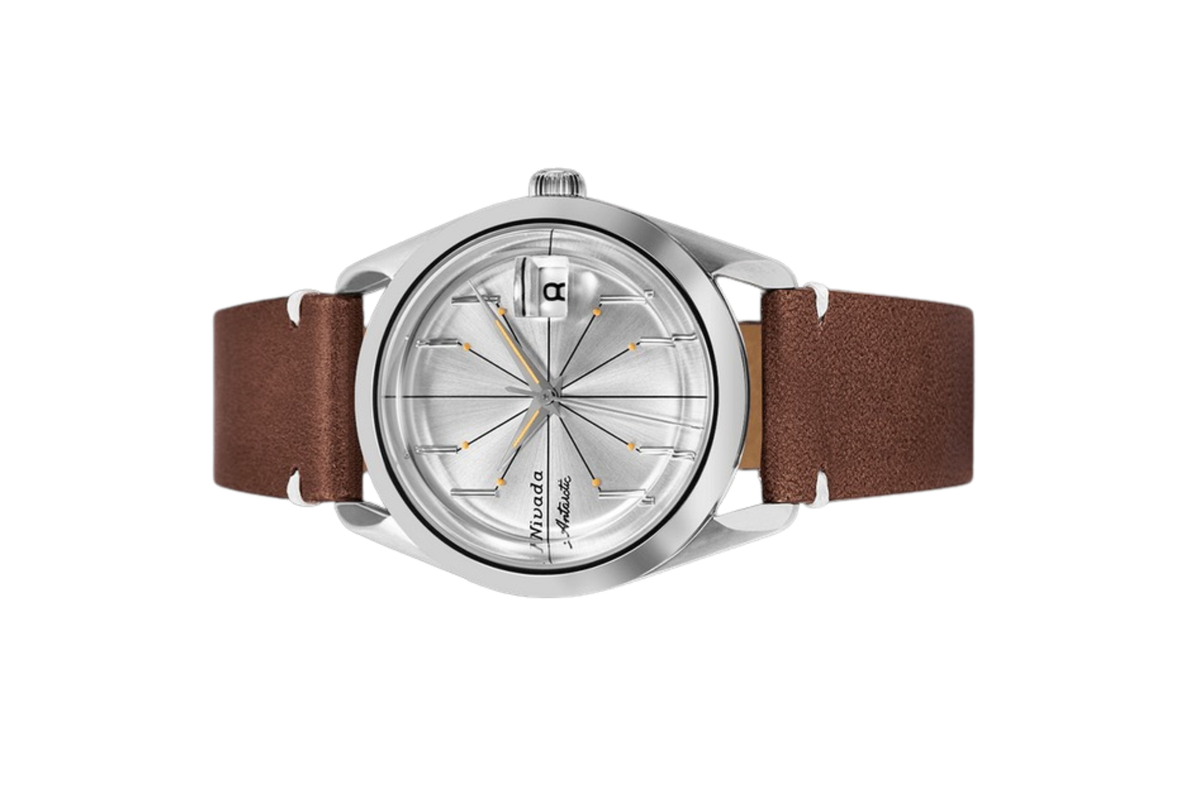 Đồng hồ đeo tay thương hiệu Nivada Grenchen, dòng sản phẩm Antarctic Spider, Ref num 32023A, mặt số Sunray chải bạc trắng, size 38mm, máy tự động, vỏ bằng thép không gỉ 316L, dây da bò, mới 100%