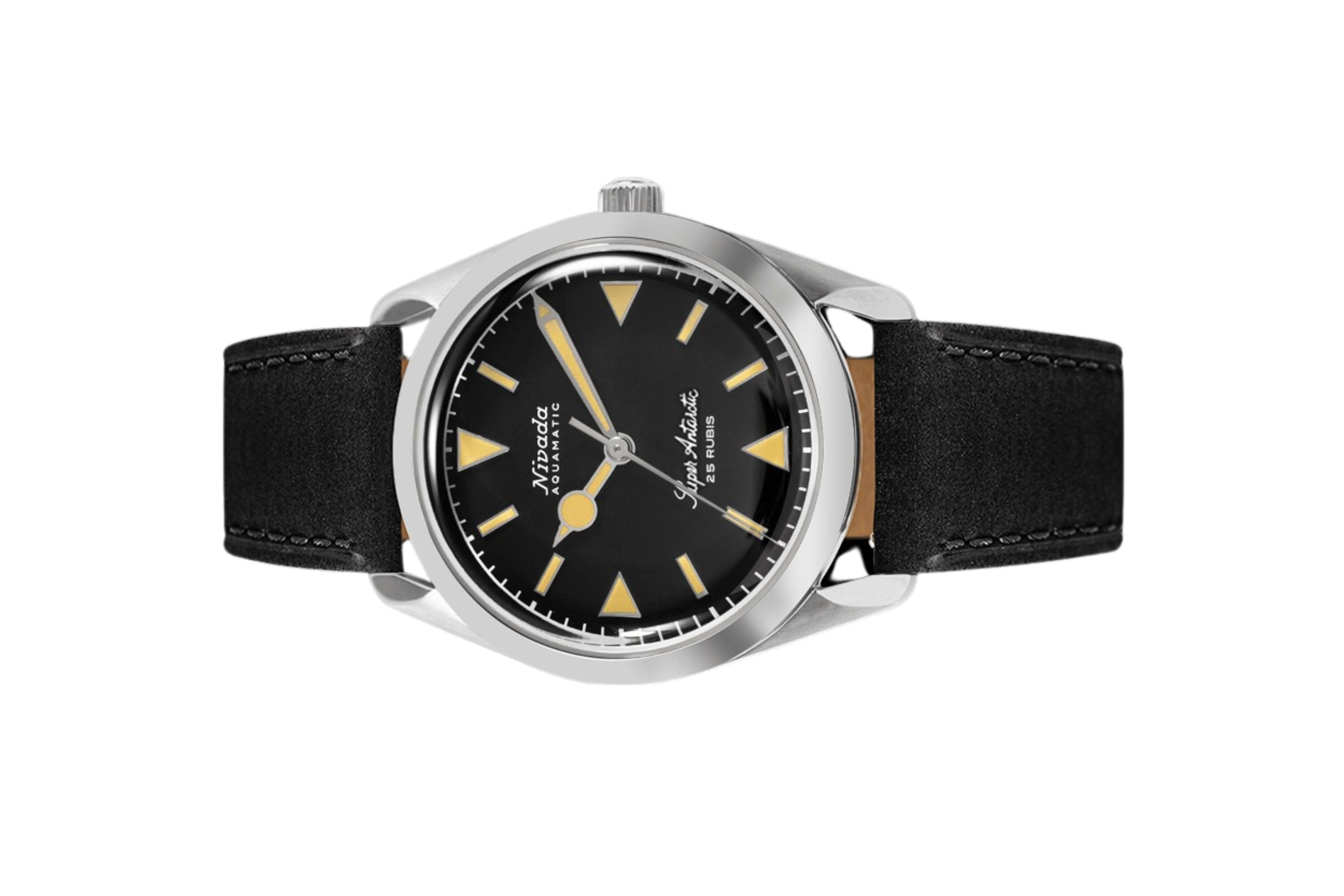 Đồng hồ đeo tay thương hiệu Nivada Grenchen, dòng sản phẩm Super Antarctic, Ref num 32024A, mặt số đen mờ, size 38mm, máy tự động, vỏ bằng thép không gỉ 316L, dây da bò, mới 100%