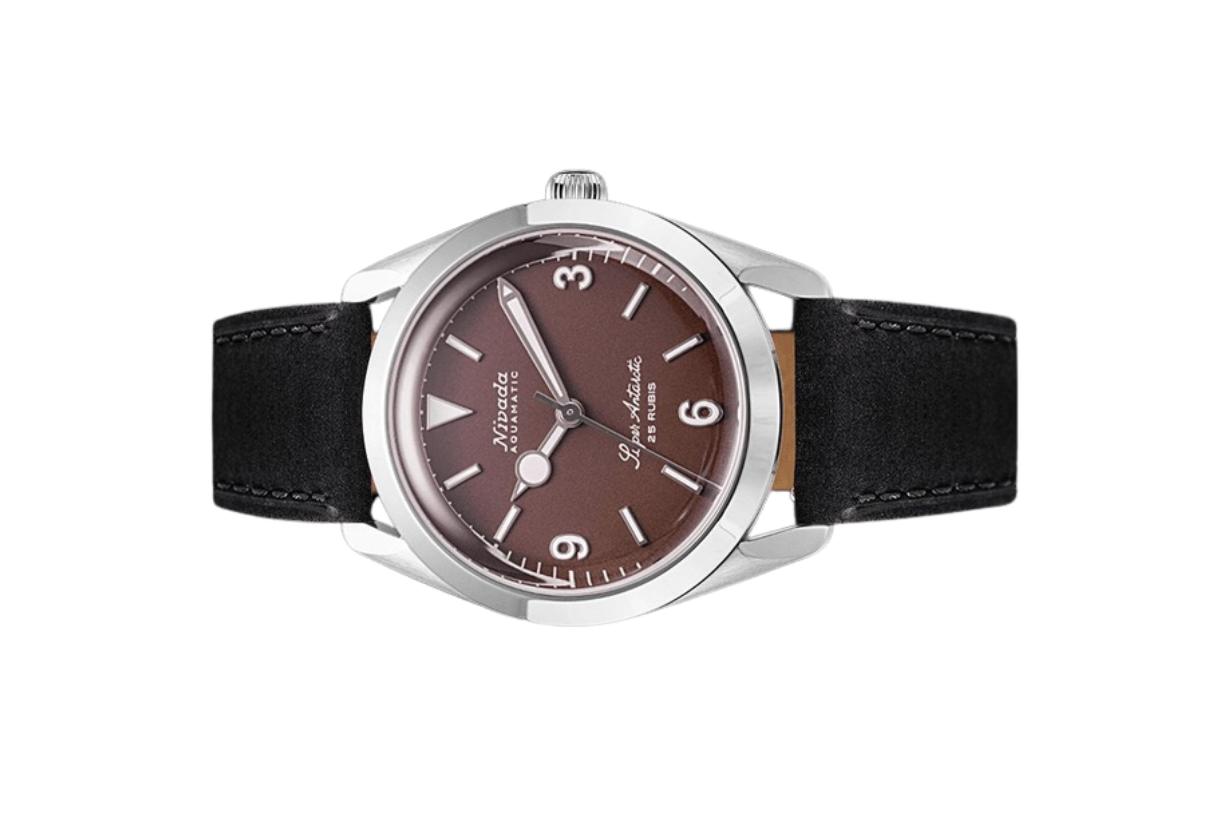 Đồng hồ đeo tay thương hiệu Nivada Grenchen, dòng sản phẩm Super Antarctic 3.6.9, Ref num 32040A, mặt số nâu Matt, size 38mm, máy tự động, vỏ bằng thép không gỉ 316L, dây da bò, mới 100%
