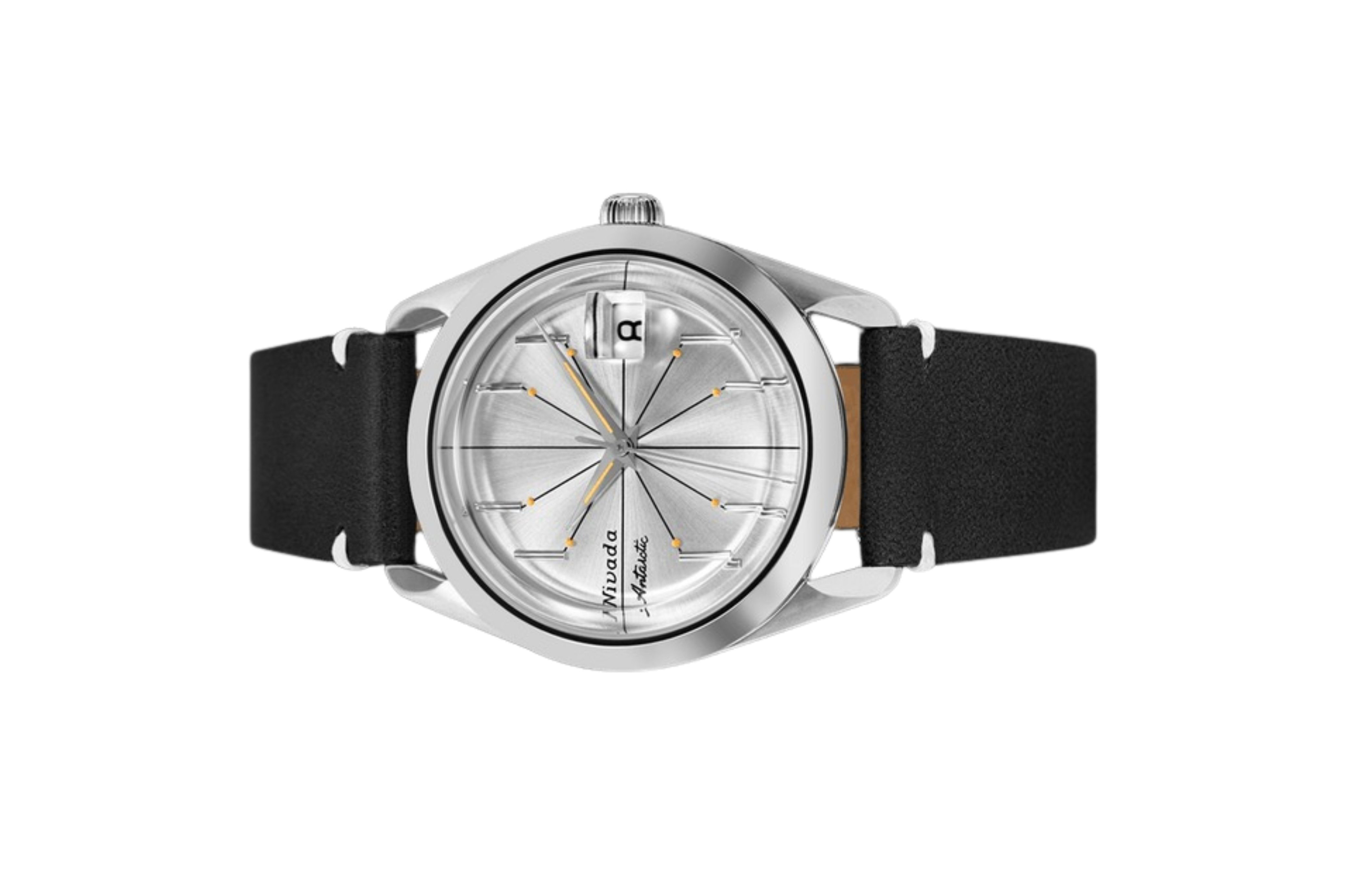 Đồng hồ đeo tay thương hiệu Nivada Grenchen, dòng sản phẩm Antarctic Spider, Ref num 32023A, mặt số Sunray chải bạc trắng, size 38mm, máy tự động, vỏ bằng thép không gỉ 316L, dây da bò, mới 100%