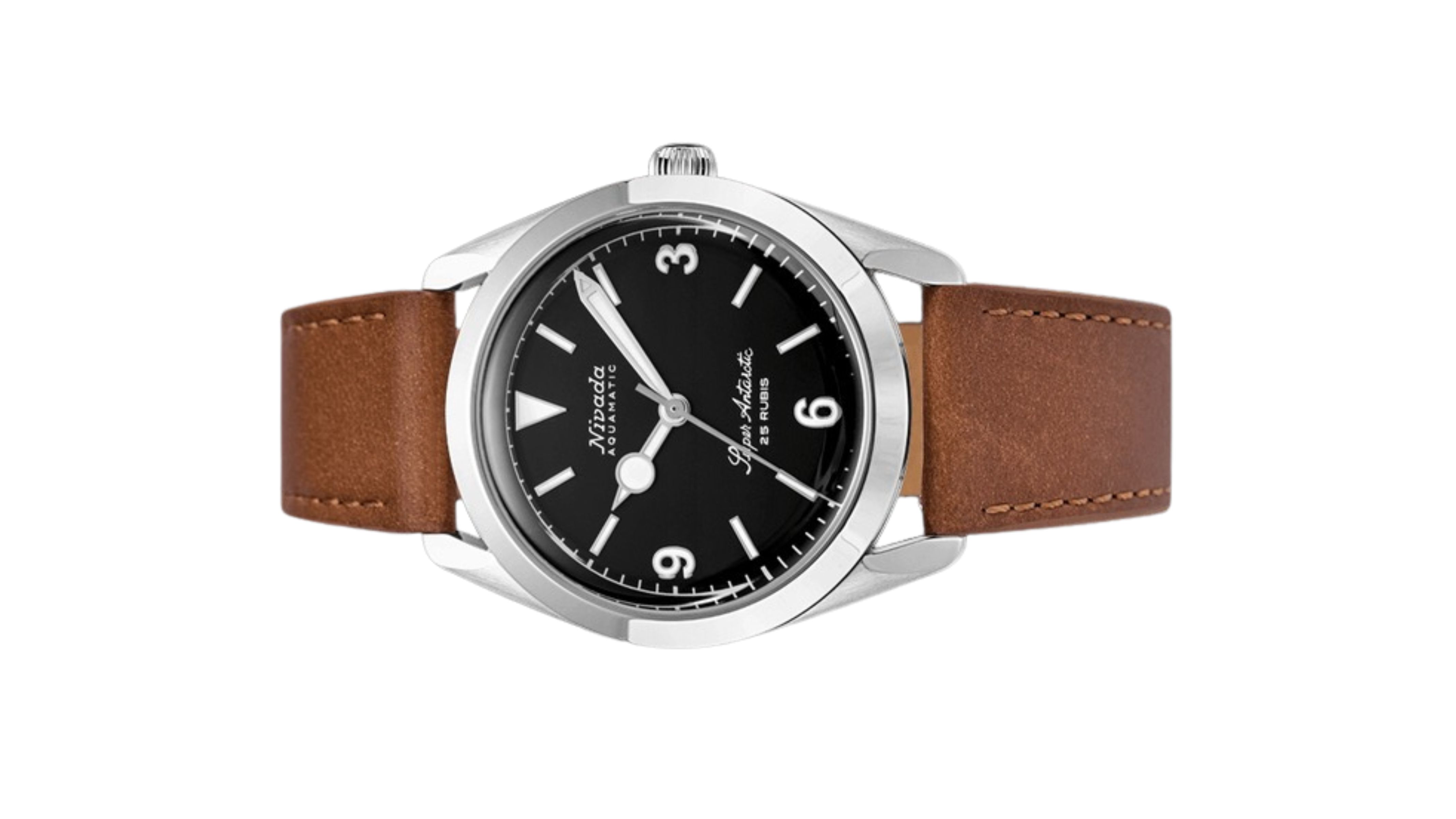 Đồng hồ đeo tay thương hiệu Nivada Grenchen, dòng sản phẩm Super Antarctic 3.6.9, Ref num 32039A, mặt số đen mờ, size 38mm, máy tự động, vỏ bằng thép không gỉ 316L, dây da bò, mới 100%