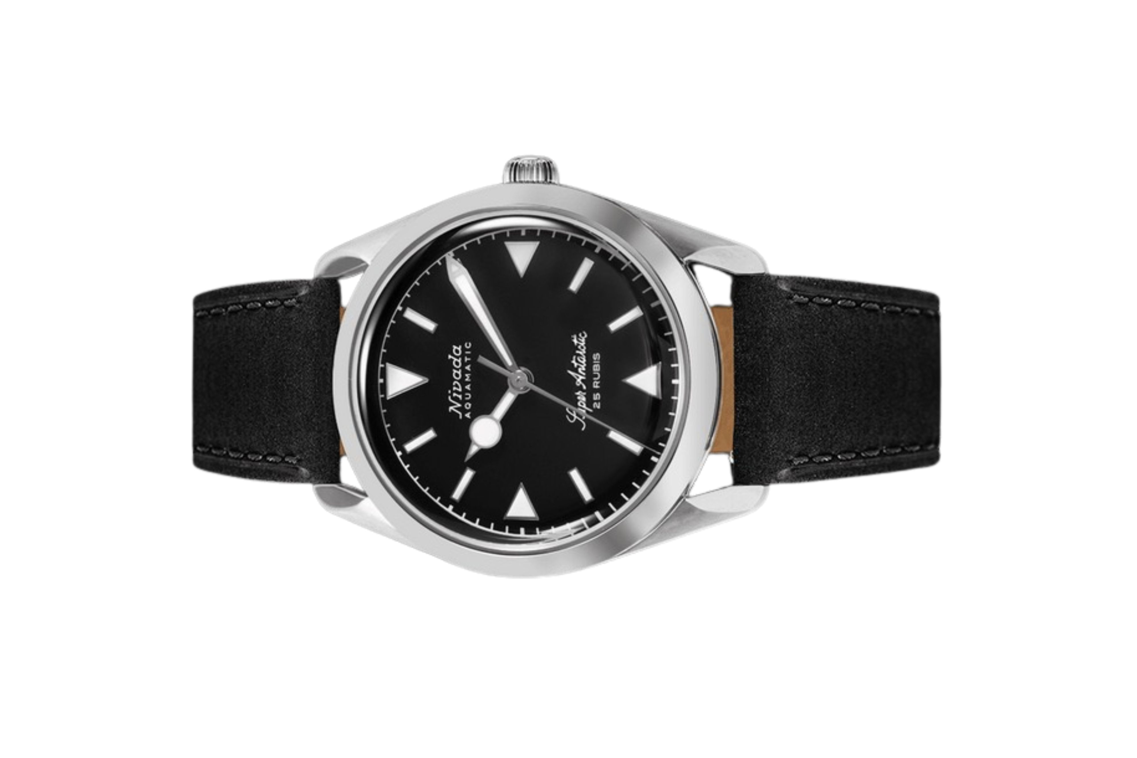 Đồng hồ đeo tay thương hiệu Nivada Grenchen, dòng sản phẩm Super Antarctic, Ref num 32025A, mặt số đen mờ, size 38mm, máy tự động, vỏ bằng thép không gỉ 316L, dây da bò, mới 100%