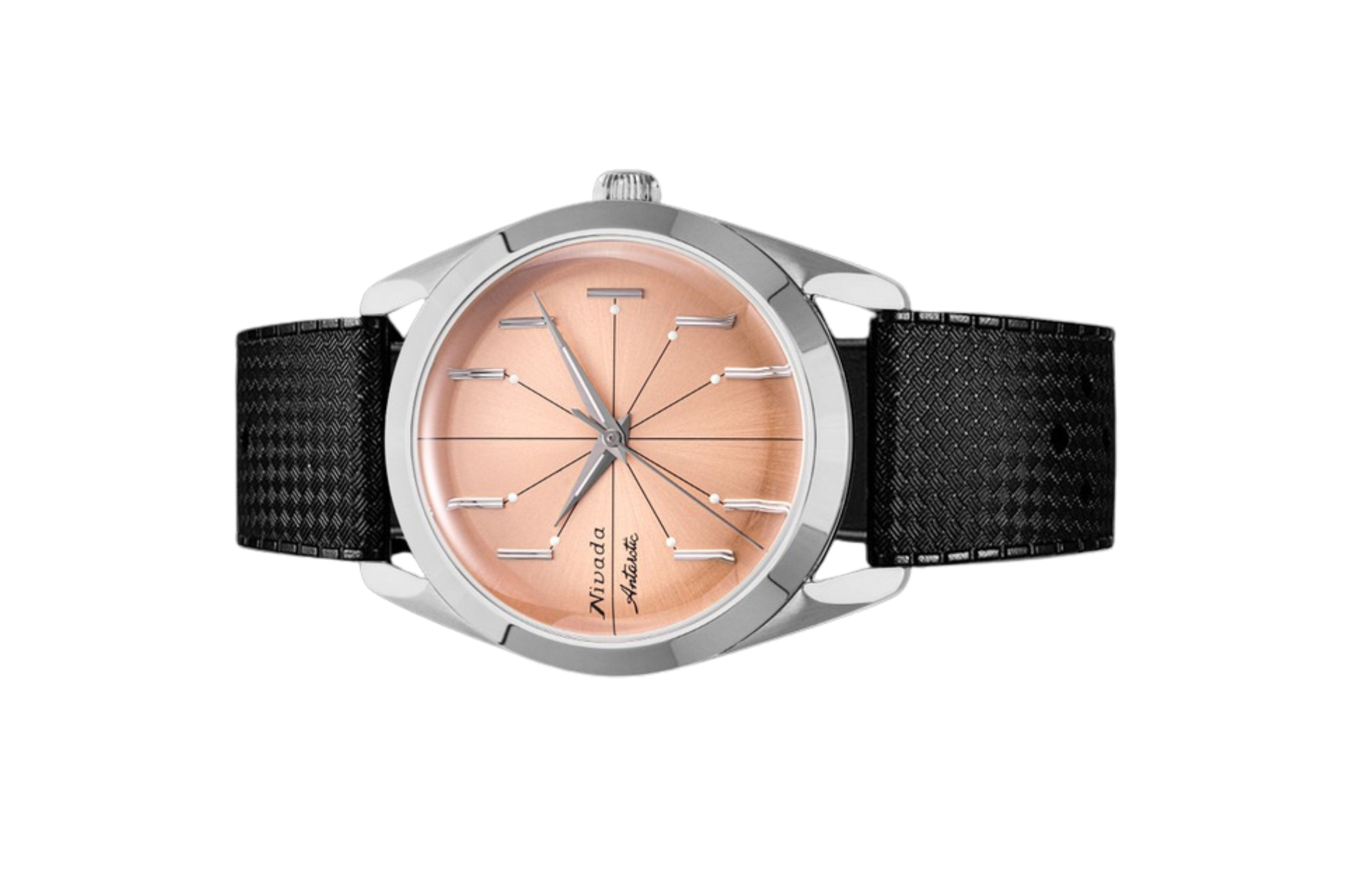 Đồng hồ đeo tay thương hiệu Nivada Grenchen, dòng sản phẩm Antarctic Spider, Ref num 32050A, mặt số hồng cam, size 38mm, máy tự động, vỏ bằng thép không gỉ 316L, dây da bò, mới 100%