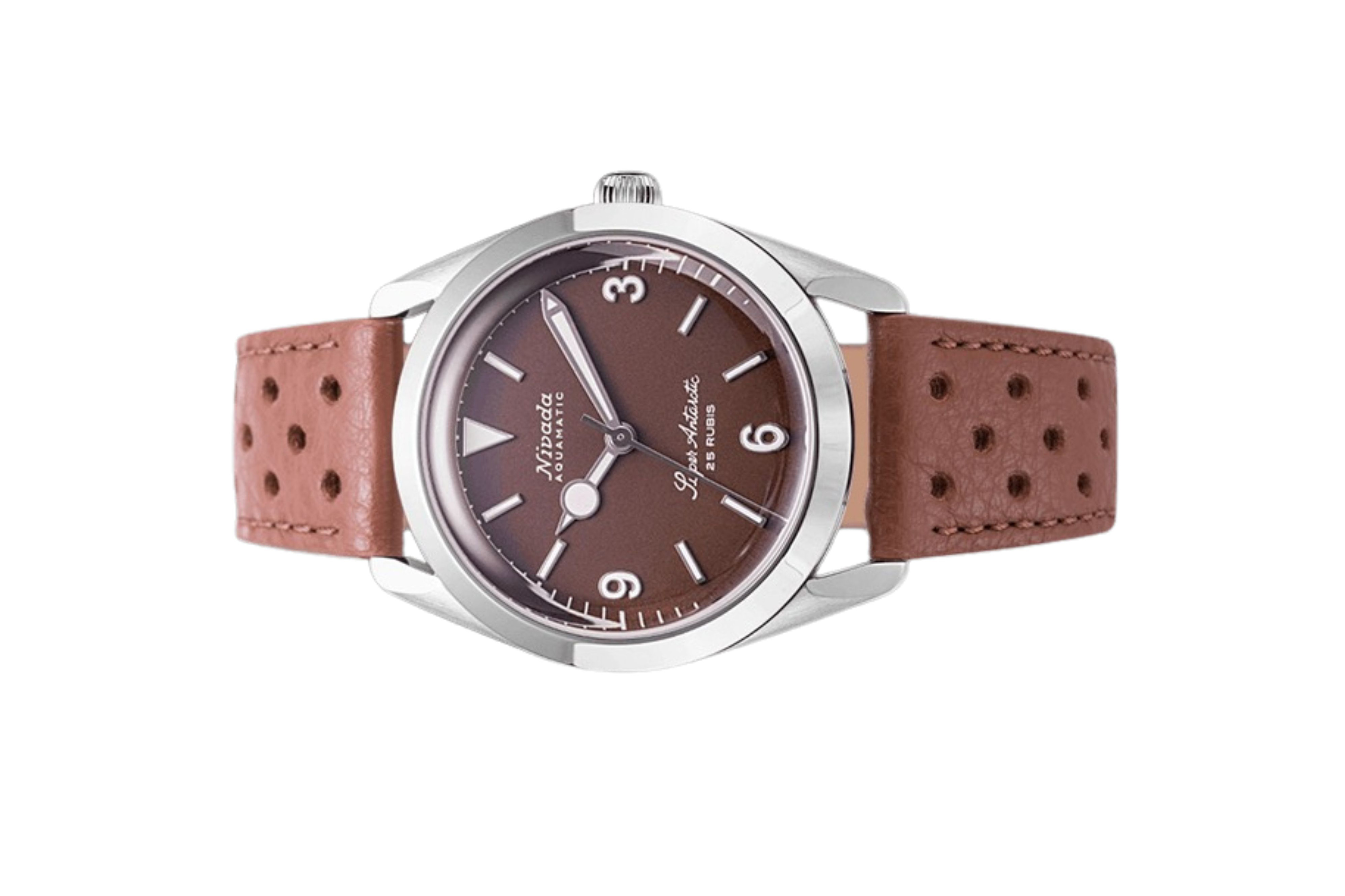 Đồng hồ đeo tay thương hiệu Nivada Grenchen, dòng sản phẩm Super Antarctic 3.6.9, Ref num 32040A, mặt số nâu Matt, size 38mm, máy tự động, vỏ bằng thép không gỉ 316L, dây da bò, mới 100%