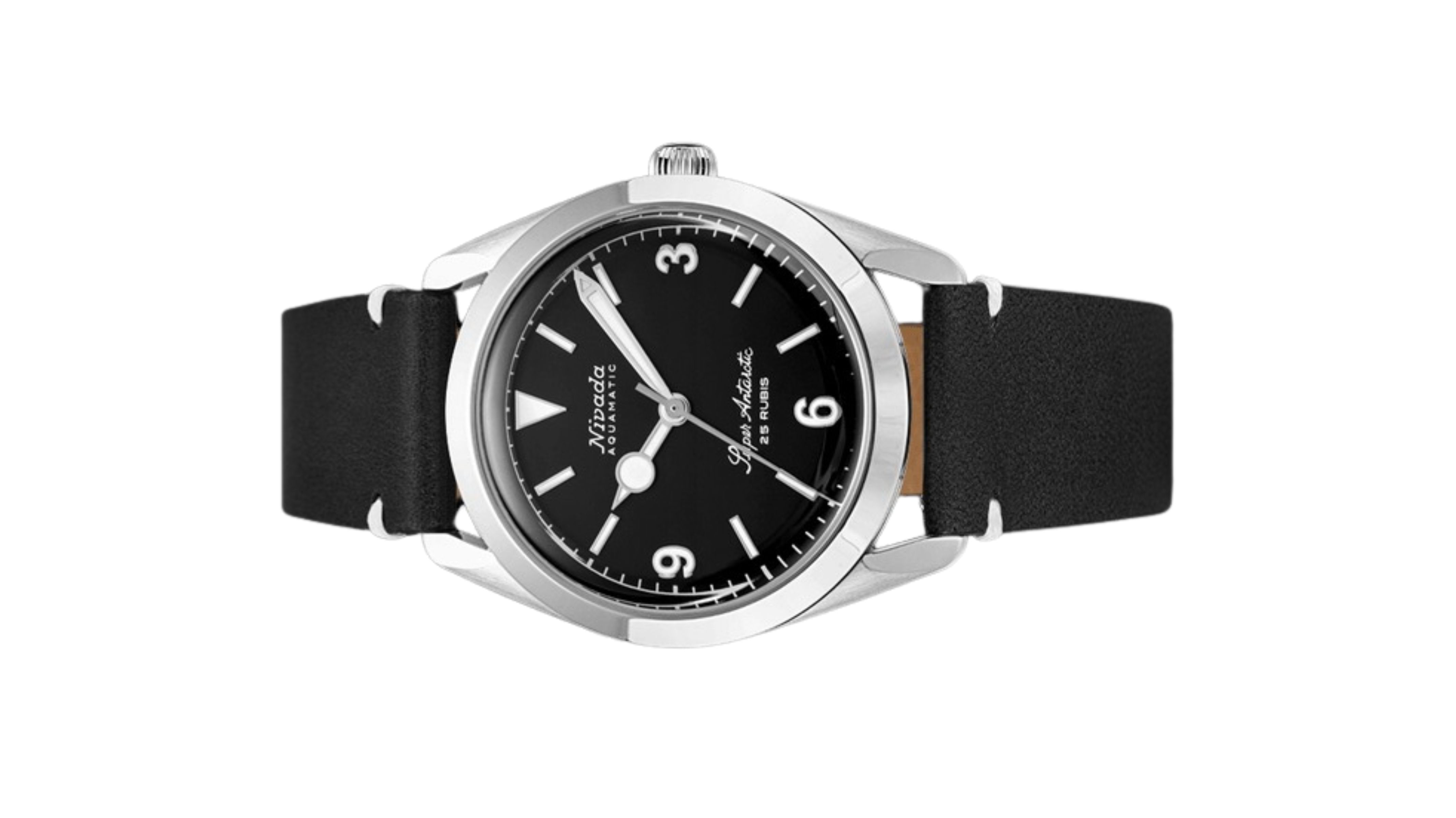 Đồng hồ đeo tay thương hiệu Nivada Grenchen, dòng sản phẩm Super Antarctic 3.6.9, Ref num 32039A, mặt số đen mờ, size 38mm, máy tự động, vỏ bằng thép không gỉ 316L, dây da bò, mới 100%