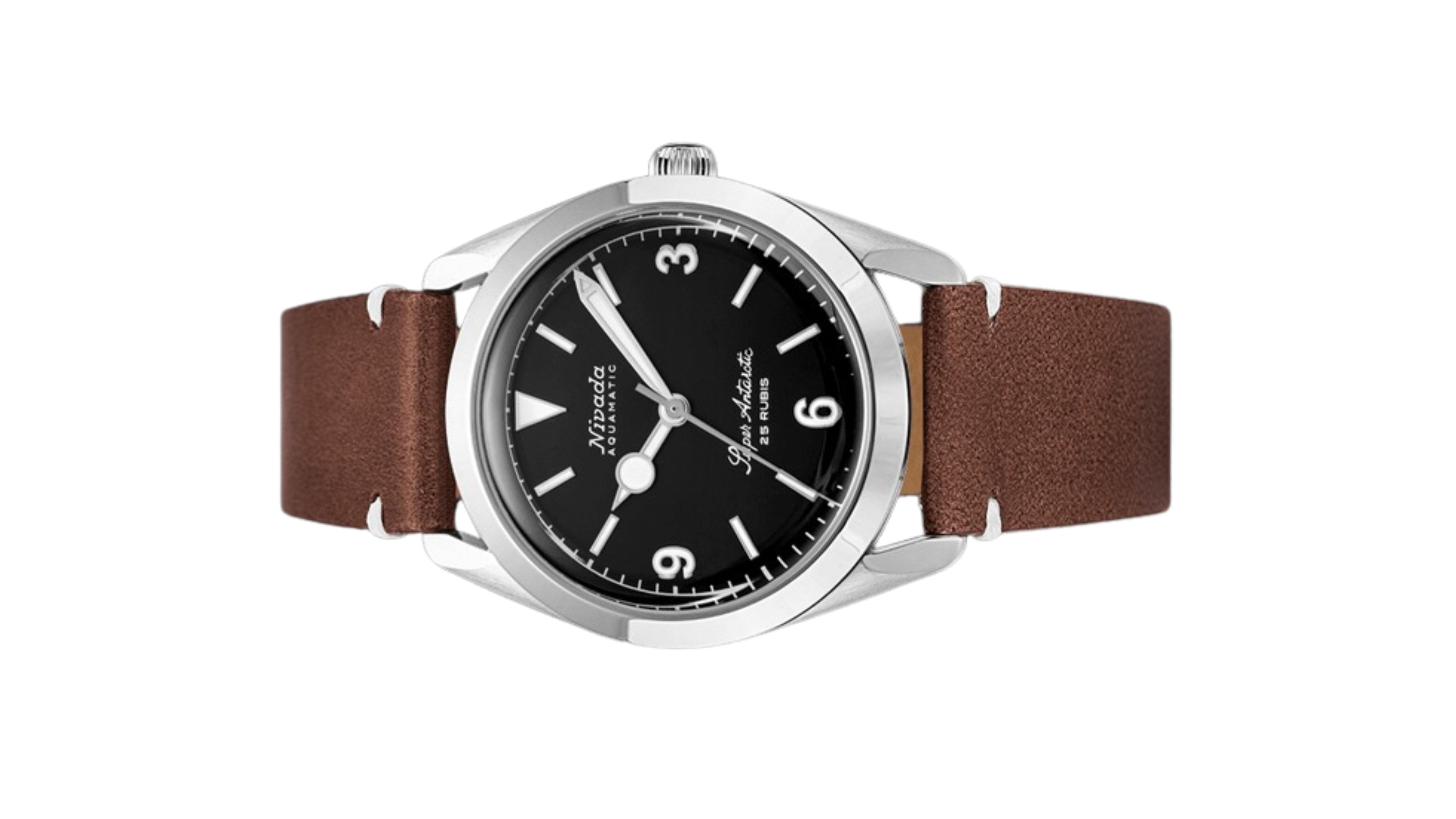 Đồng hồ đeo tay thương hiệu Nivada Grenchen, dòng sản phẩm Super Antarctic 3.6.9, Ref num 32039A, mặt số đen mờ, size 38mm, máy tự động, vỏ bằng thép không gỉ 316L, dây da bò, mới 100%