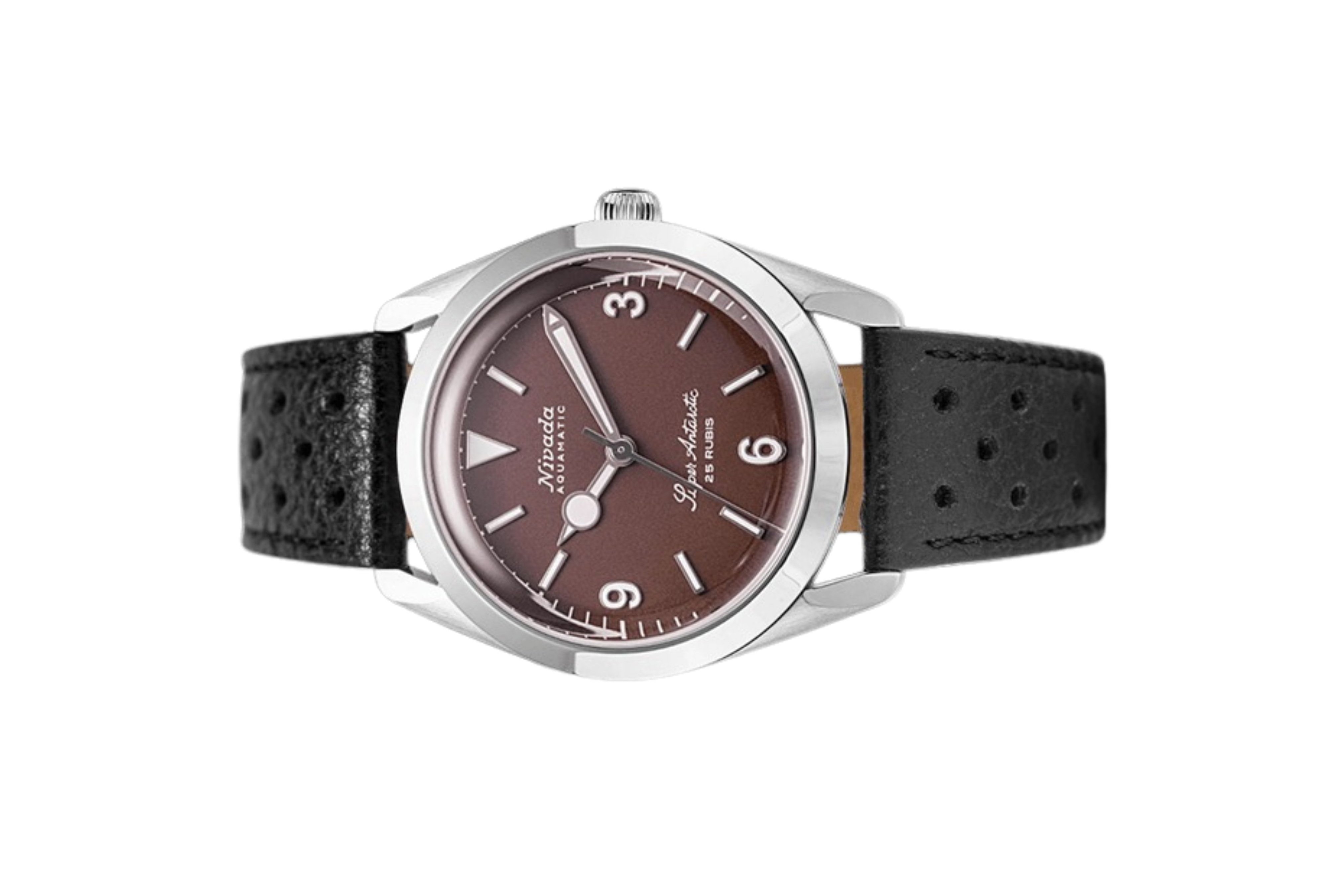 Đồng hồ đeo tay thương hiệu Nivada Grenchen, dòng sản phẩm Super Antarctic 3.6.9, Ref num 32040A, mặt số nâu Matt, size 38mm, máy tự động, vỏ bằng thép không gỉ 316L, dây da bò, mới 100%