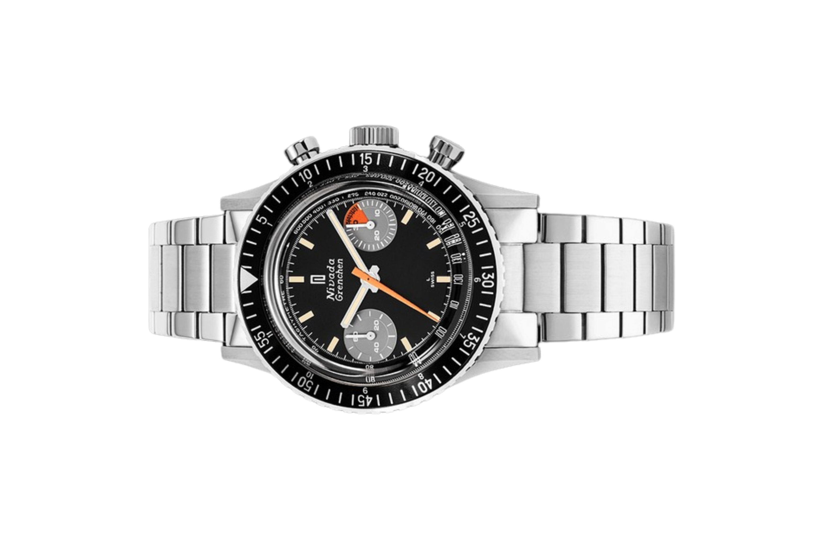 Đồng hồ đeo tay thương hiệu Nivada Grenchen, dòng sản phẩm Chronomaster Orange Boy SL, Ref no: 86015M, mặt số màu đen, size 38mm, lên dây cót bằng tay, vỏ và dây đồng hồ bằng thép không gỉ, mới 100%