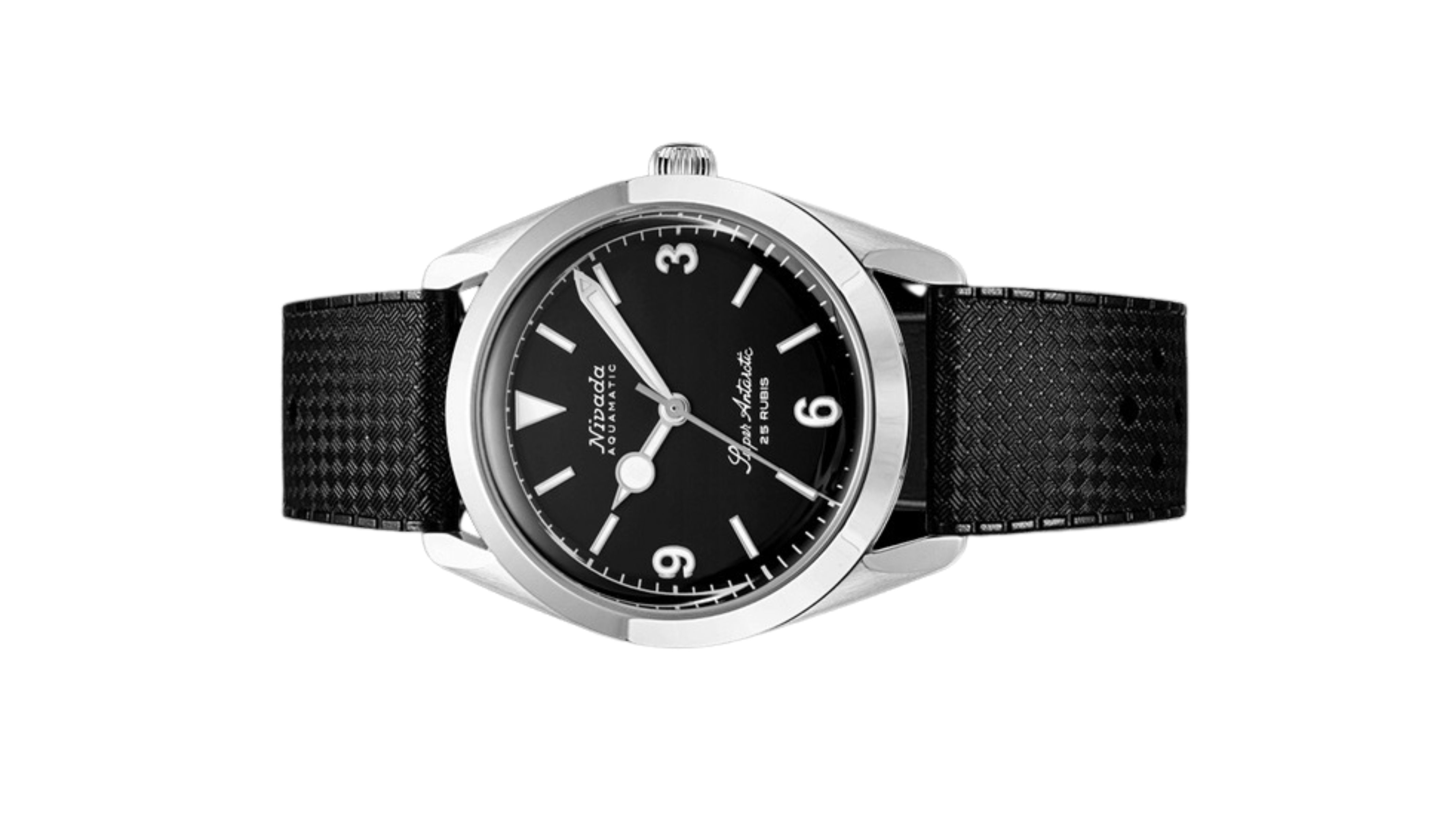 Đồng hồ đeo tay thương hiệu Nivada Grenchen, dòng sản phẩm Super Antarctic 3.6.9, Ref num 32039A, mặt số đen mờ, size 38mm, máy tự động, vỏ bằng thép không gỉ 316L, dây da bò, mới 100%