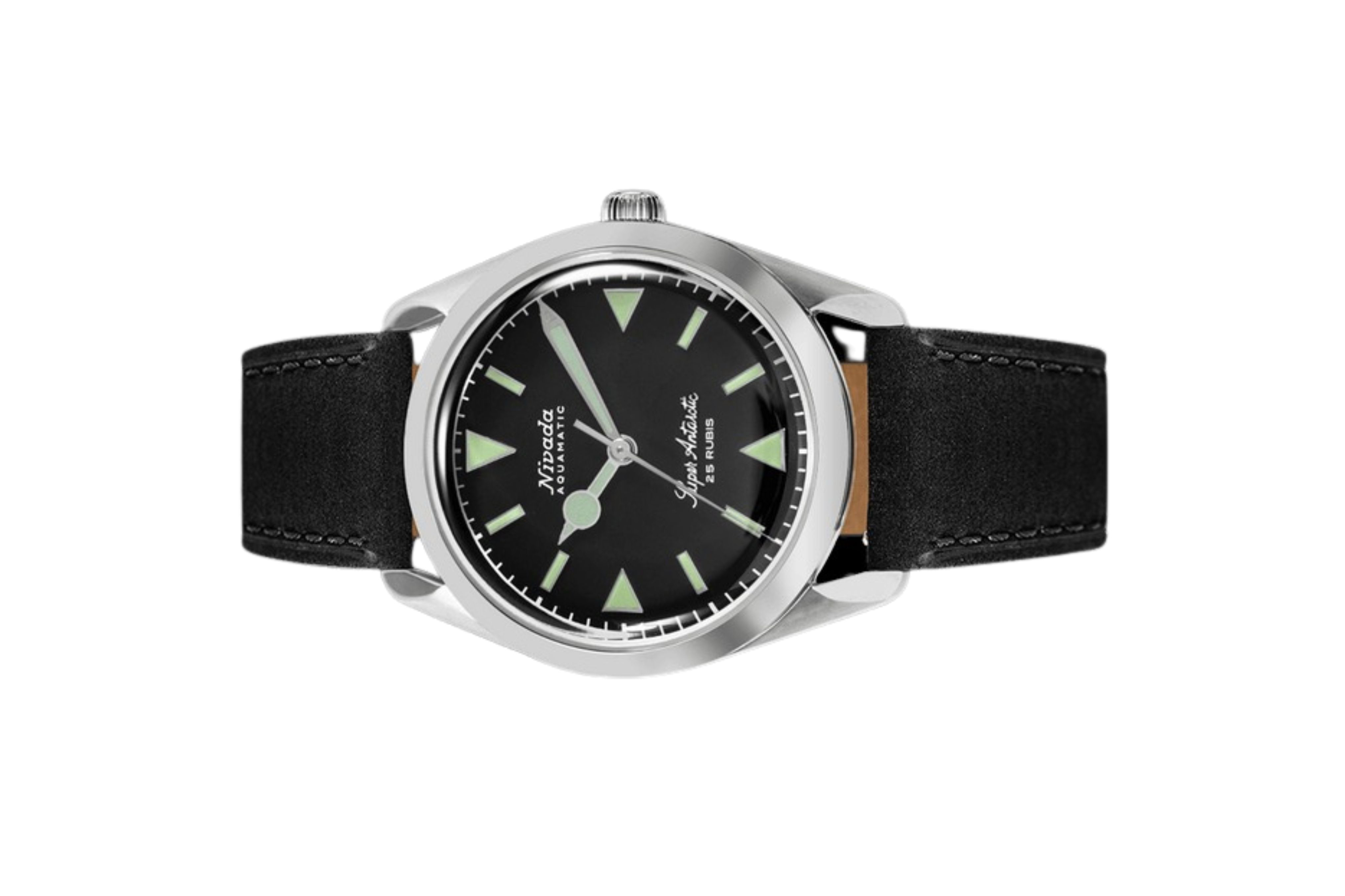 Đồng hồ đeo tay thương hiệu Nivada Grenchen, dòng sản phẩm Super Antarctic, Ref num 32026A mặt số đen mờ, size 38mm, máy tự động, vỏ bằng thép không gỉ 316L, dây da bò, mới 100%