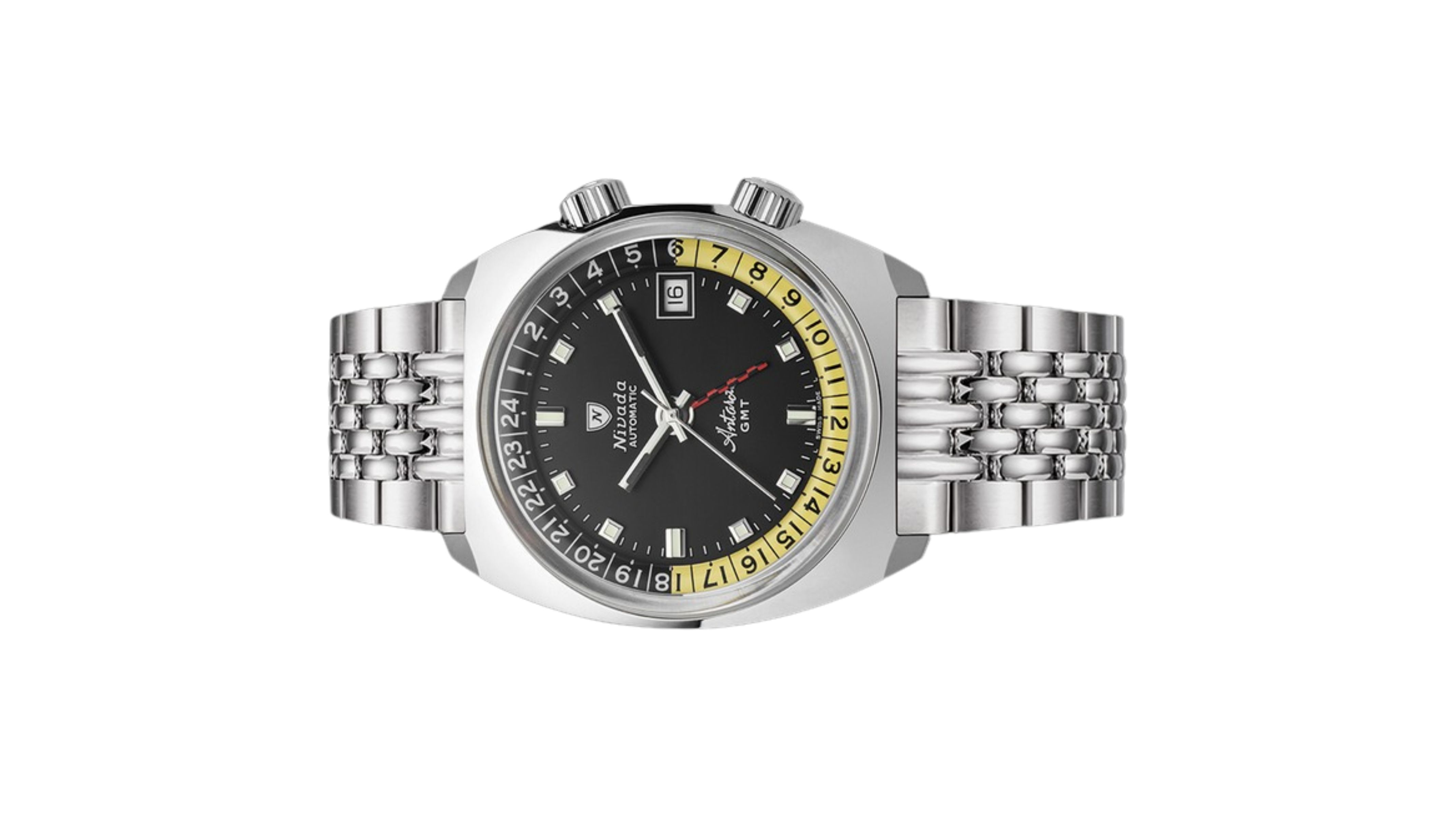 Đồng hồ đeo tay thương hiệu Nivada Grenchen, dòng sản phẩm Antarctic GMT, Ref num 32043A, mặt số đen, size 36mm, máy tự động, vỏ và dây đồng hồ bằng thép không gỉ 316L, mới 100%