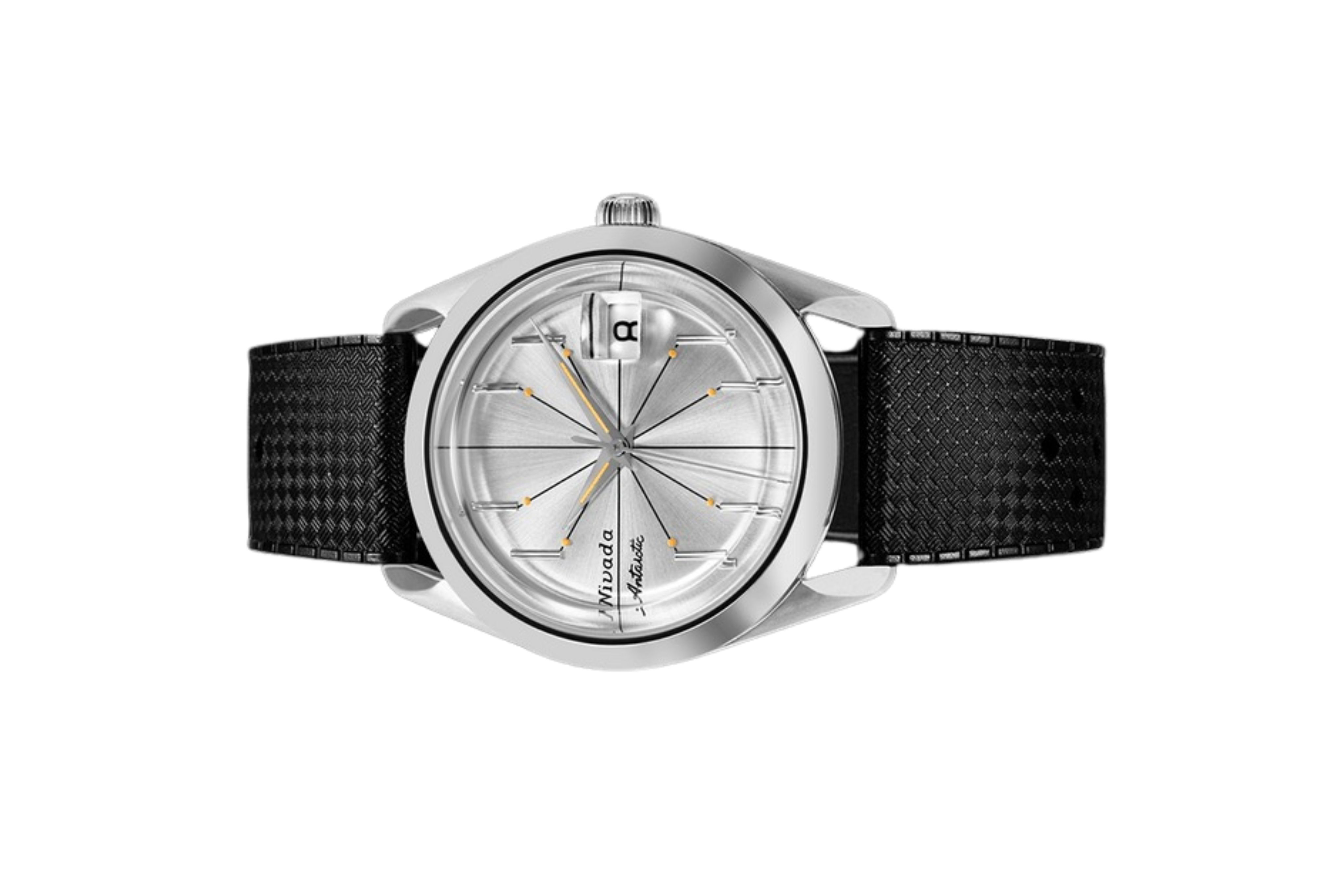 Đồng hồ đeo tay thương hiệu Nivada Grenchen, dòng sản phẩm Antarctic Spider, Ref num 32023A, mặt số Sunray chải bạc trắng, size 38mm, máy tự động, vỏ bằng thép không gỉ 316L, dây da bò, mới 100%