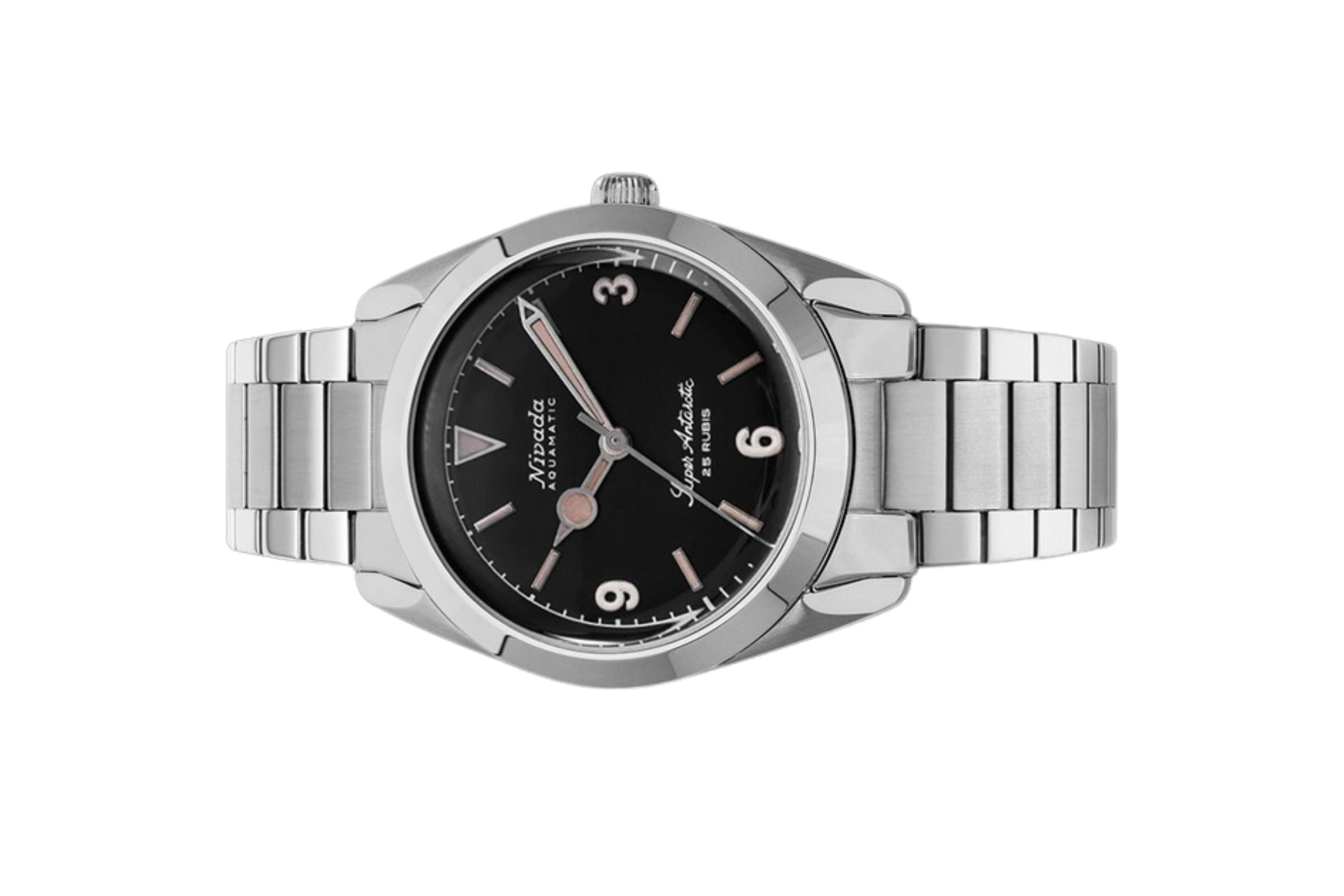 Đồng hồ đeo tay thương hiệu Nivada Grenchen, dòng sản phẩm Super Antarctic 3.6.9, Ref num 32032A, mặt số đen mờ, size 38mm, máy tự động, vỏ và dây đồng hồ bằng thép không gỉ 316L, mới 100%