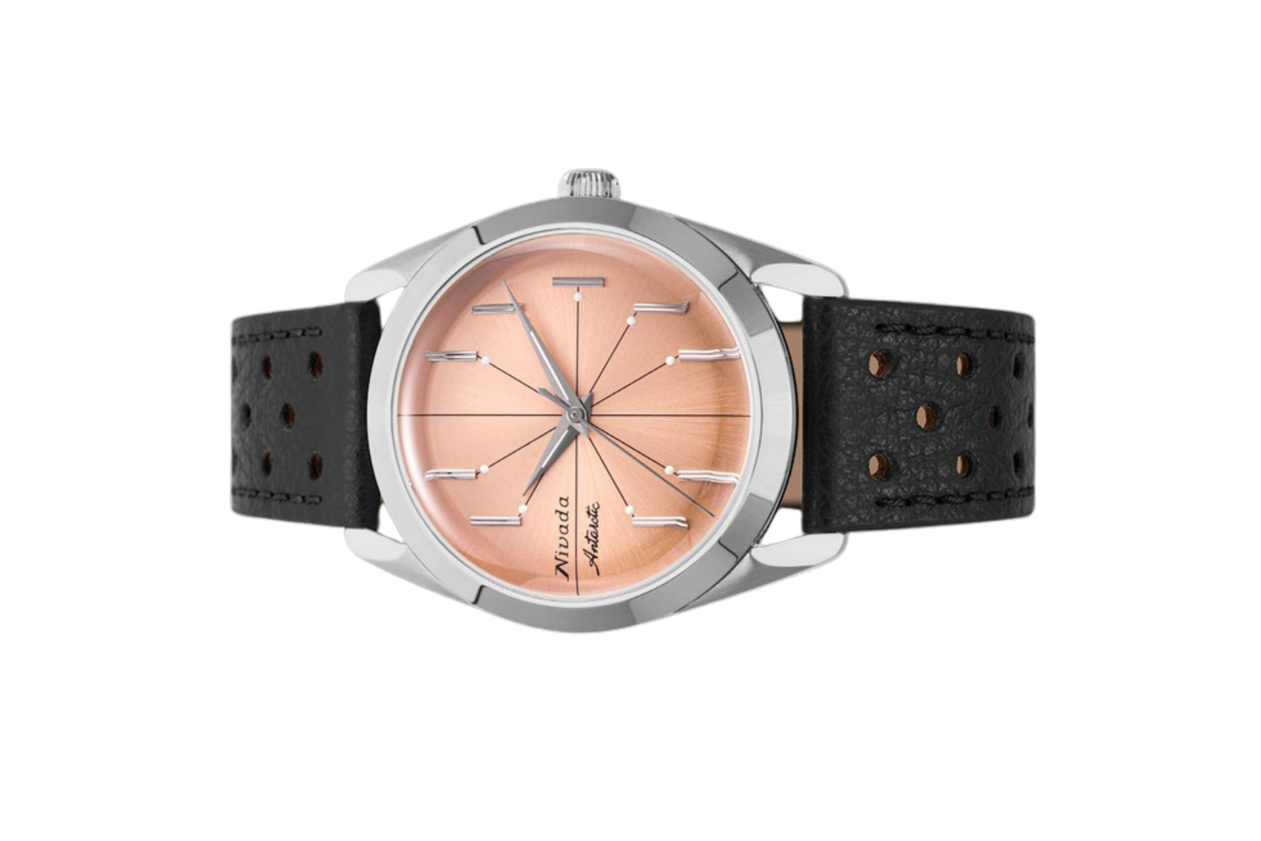 Đồng hồ đeo tay thương hiệu Nivada Grenchen, dòng sản phẩm Antarctic Spider, Ref num 32050A, mặt số hồng cam, size 38mm, máy tự động, vỏ bằng thép không gỉ 316L, dây da bò, mới 100%